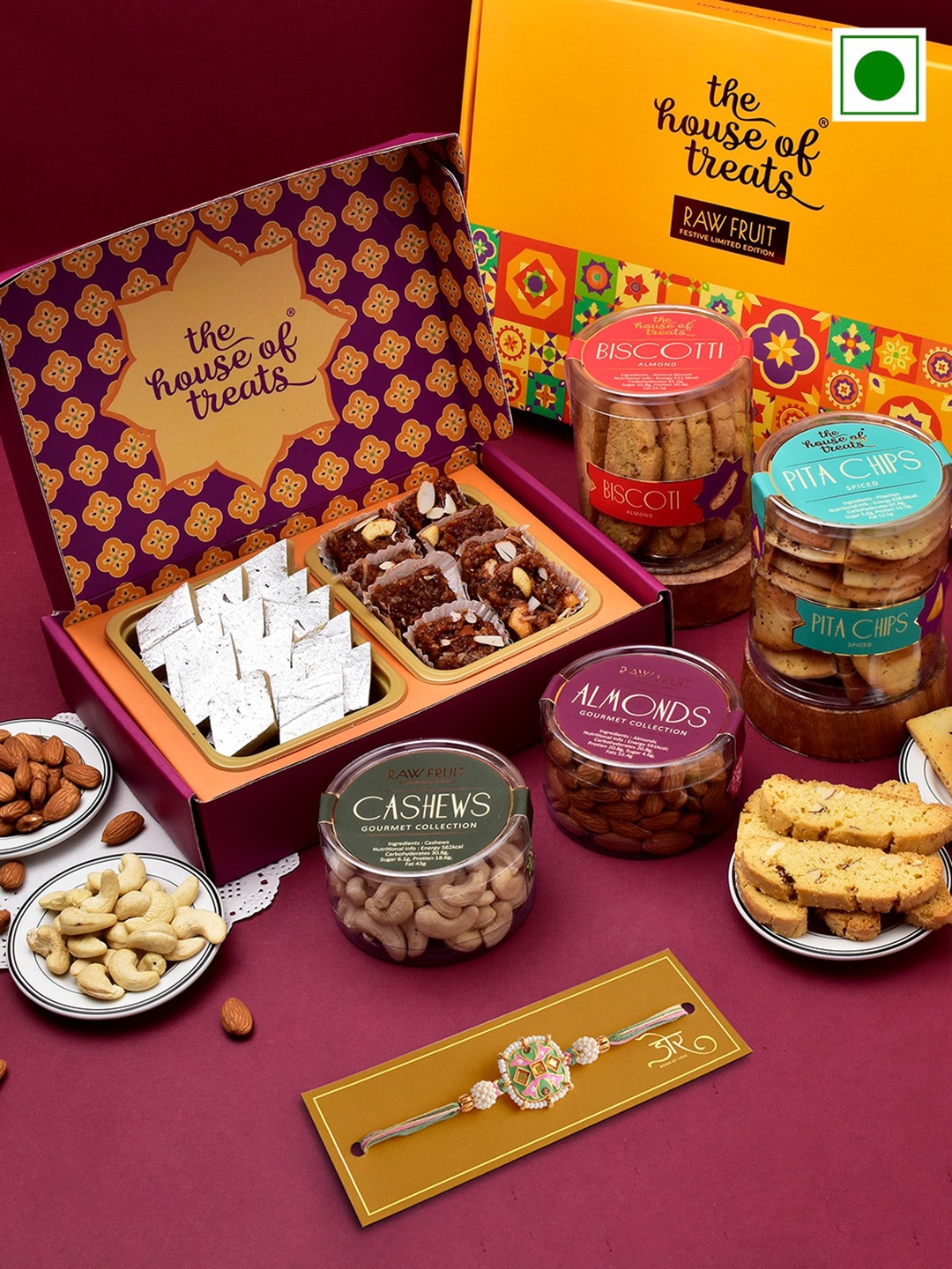 

RawFruit Sweets Snacks And Dryfruit With Rakhi, Purple