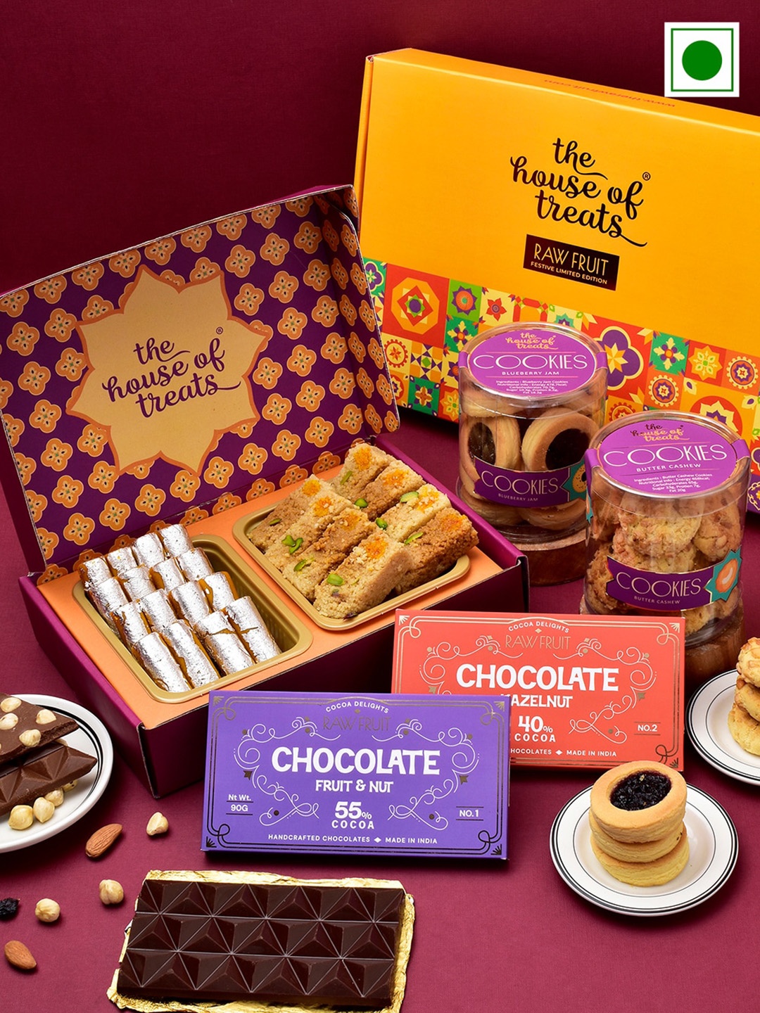 

RawFruit Chocolate Cookies And Sweets With Rakhi, Gold