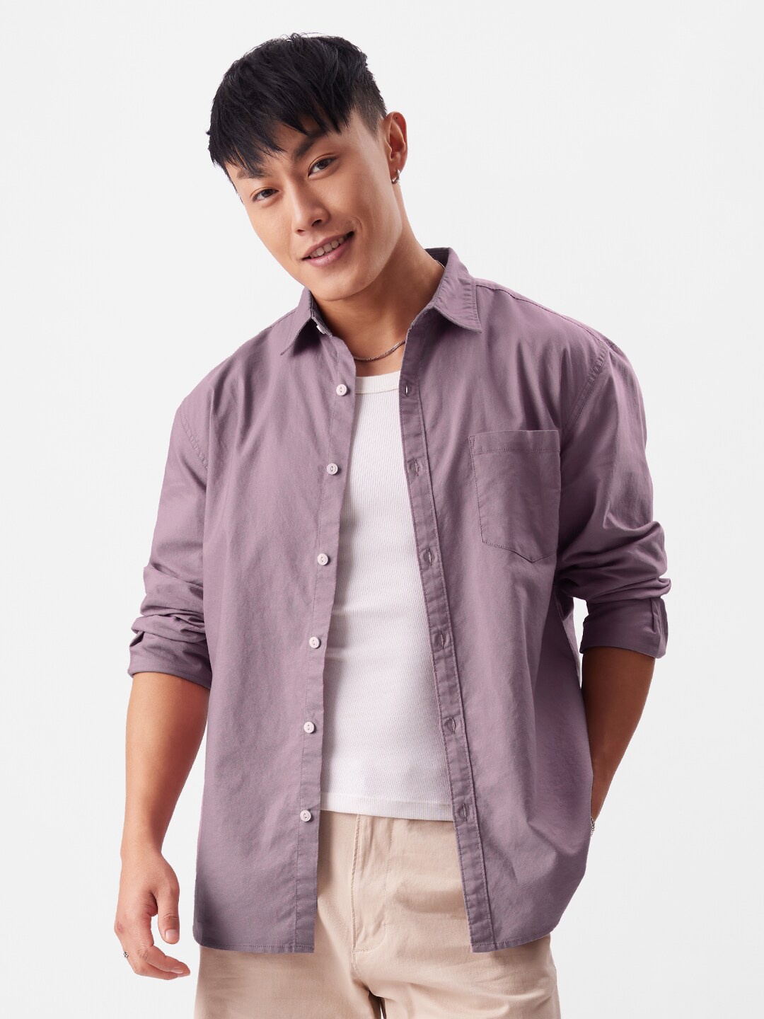 

The Souled Store Mauve Spread Collar Opaque Cotton Casual Shirt