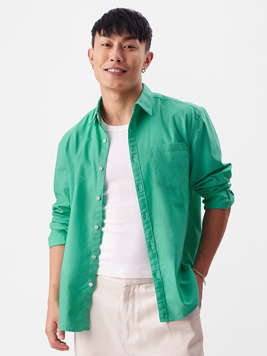 

The Souled Store Green Spread Collar Opaque Cotton Casual Shirt