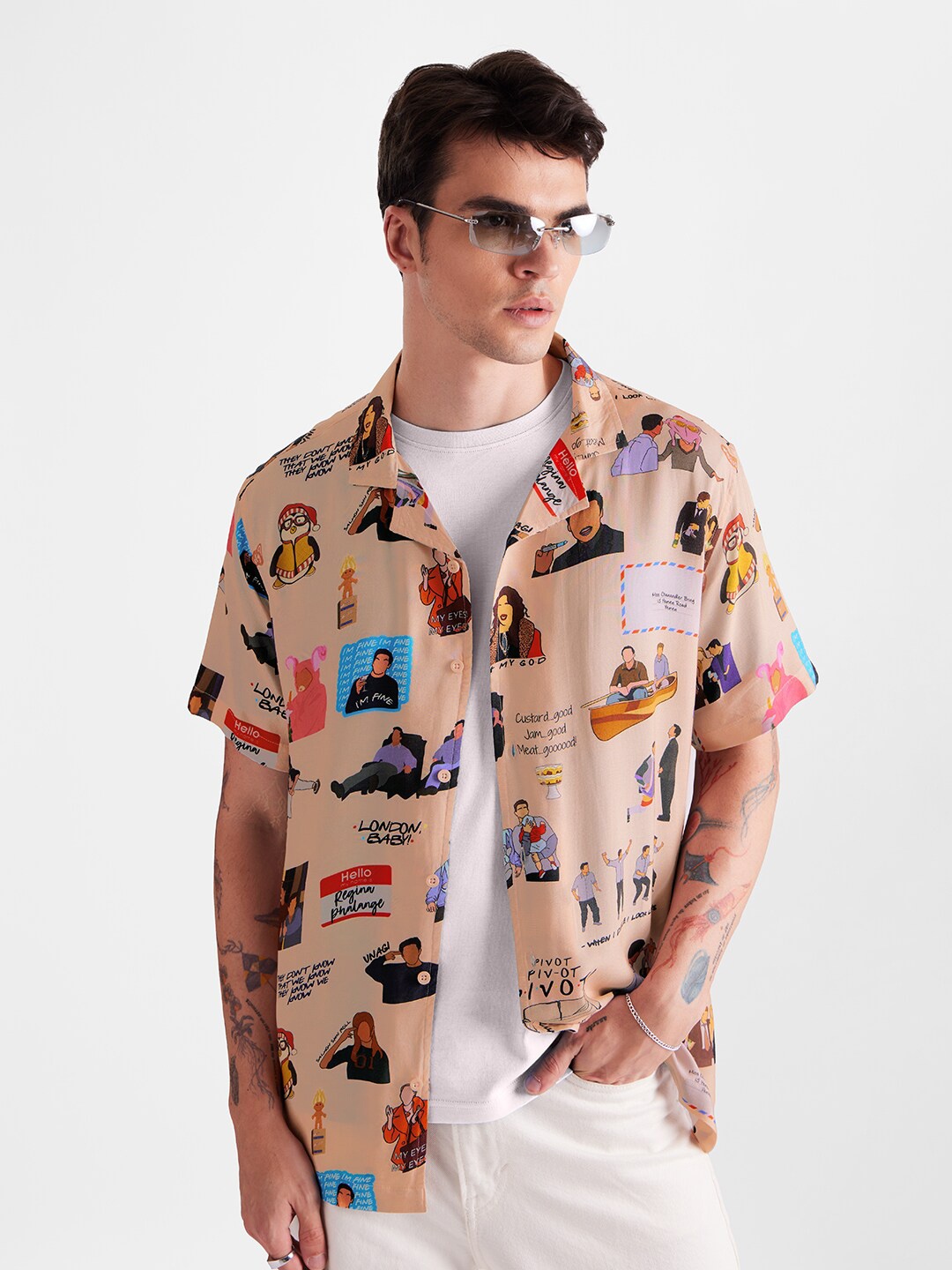 

The Souled Store Cream Spread Collar Graphic Printed Opaque Casual Shirt, Beige