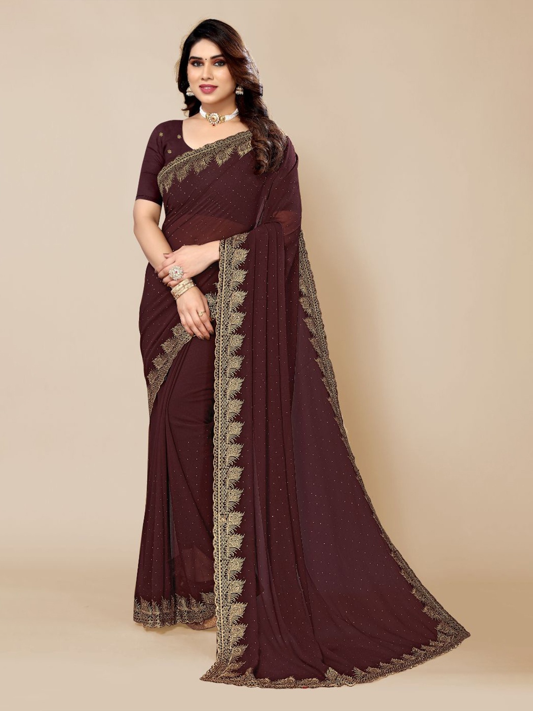 

FABMORA Embellished Embroidered Poly Georgette Saree, Brown