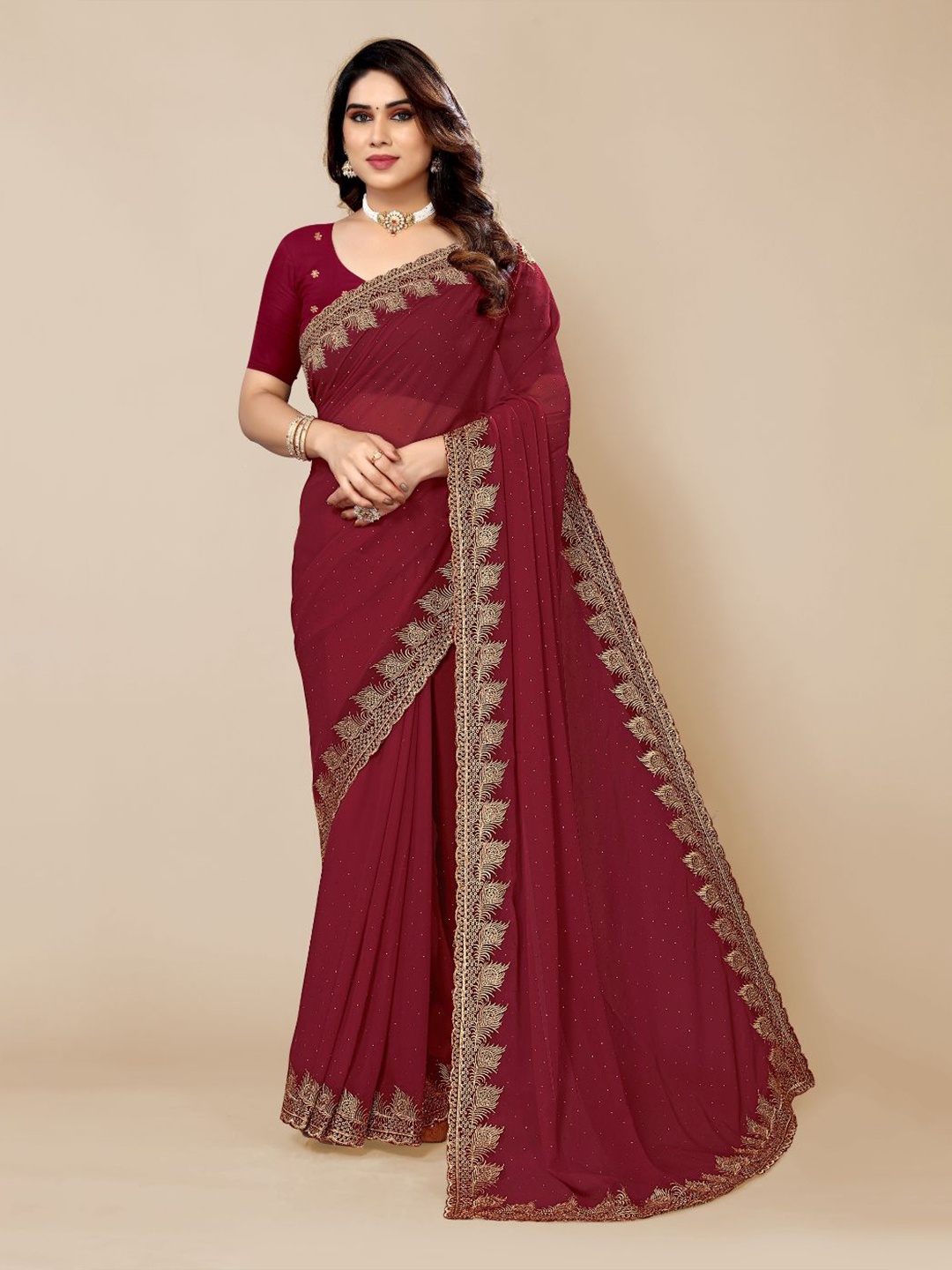

FABMORA Embellished Embroidered Saree, Maroon