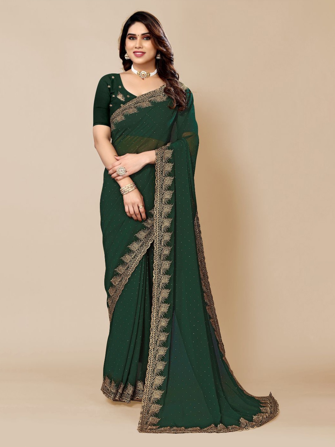 

FABMORA Embellished Embroidered Poly Georgette Saree, Green