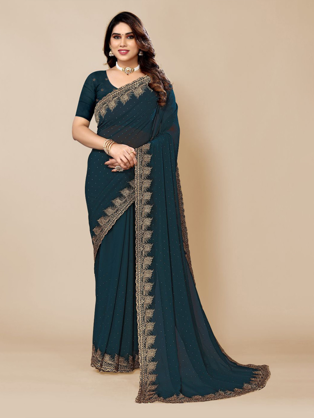 

FABMORA Embellished Embroidered Saree, Blue