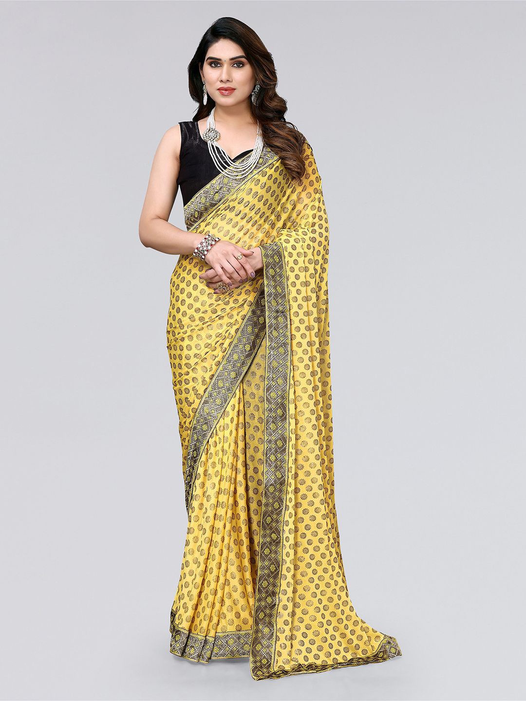 

KALINI Ethnic Motifs Printed Lycra Saree, Yellow