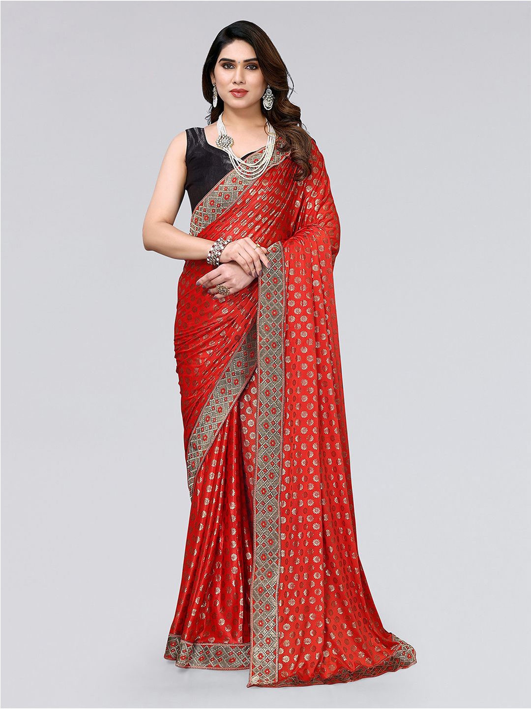 

KALINI Ethnic Motifs Printed Lycra Saree, Red