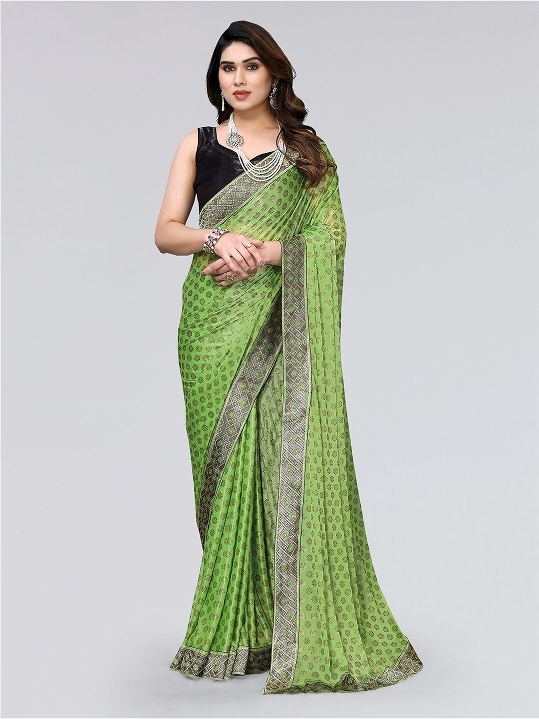 

KALINI Ethnic Motifs Printed Lycra Saree, Lime green
