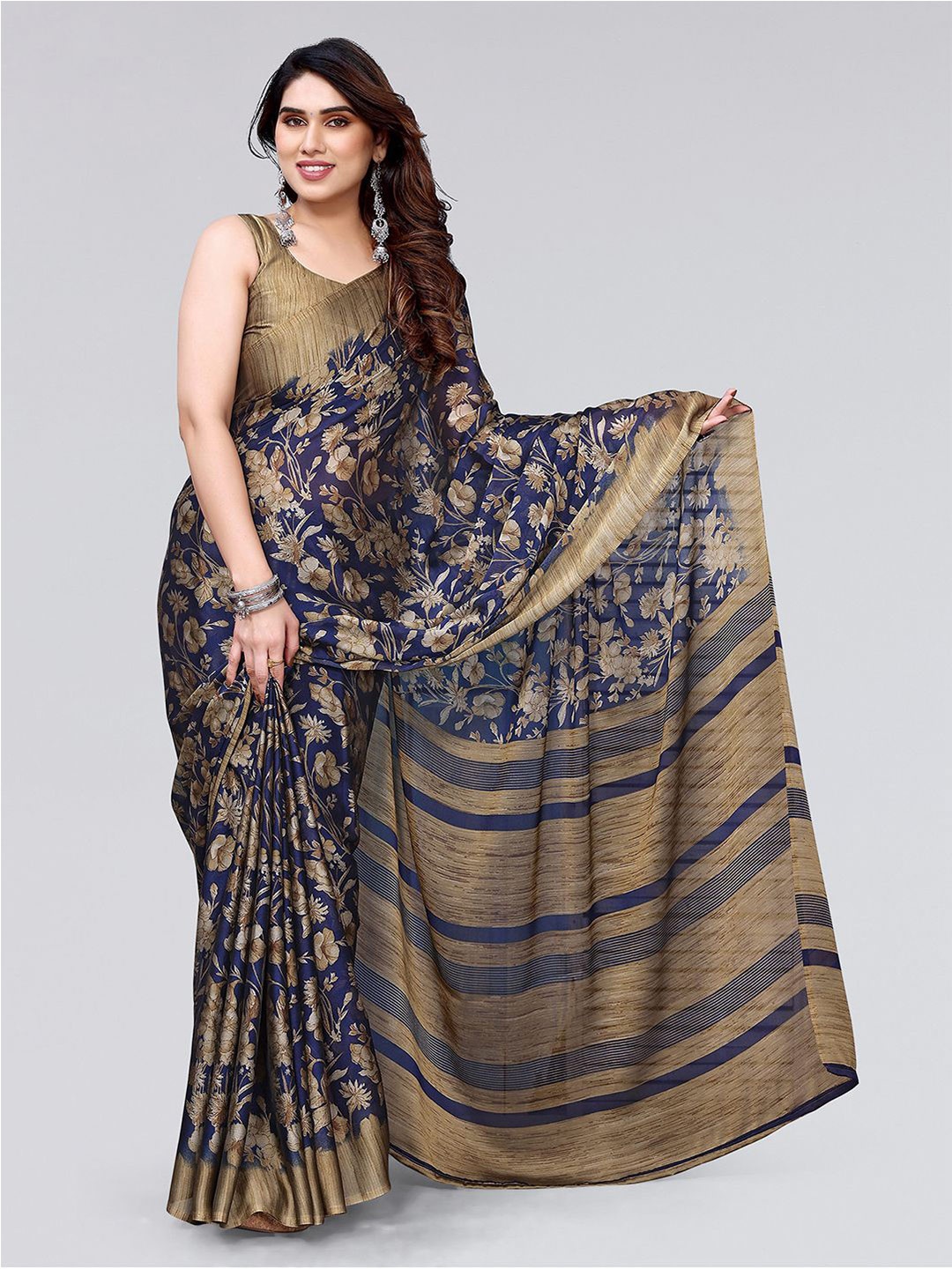 

KALINI Floral Printed Saree, Navy blue