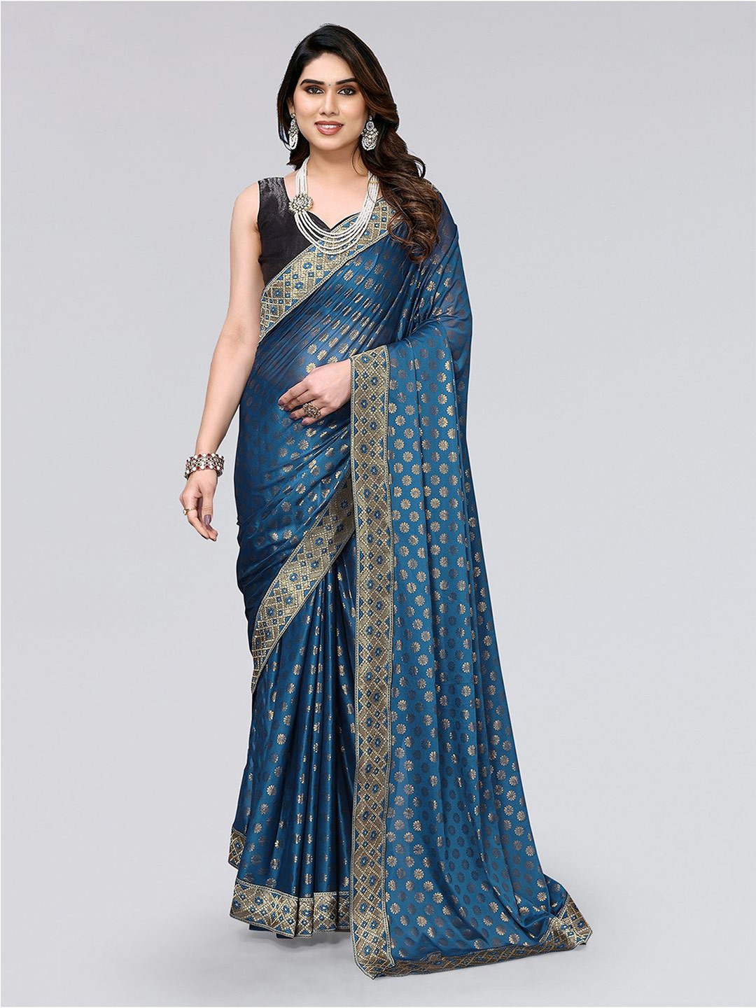 

KALINI Ethnic Motifs Printed Lycra Saree, Teal