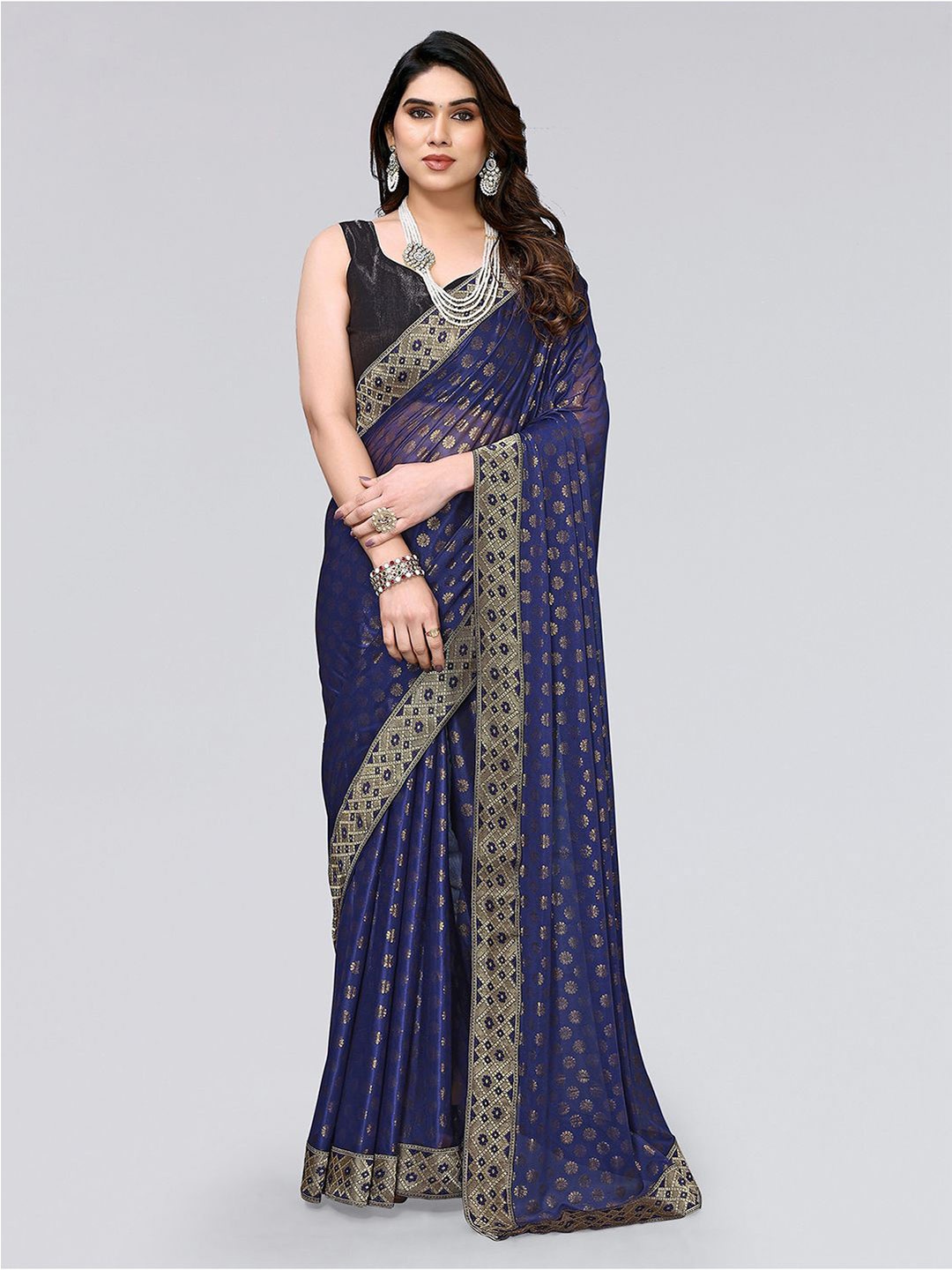 

KALINI Ethnic Motifs Printed Lycra Saree, Navy blue