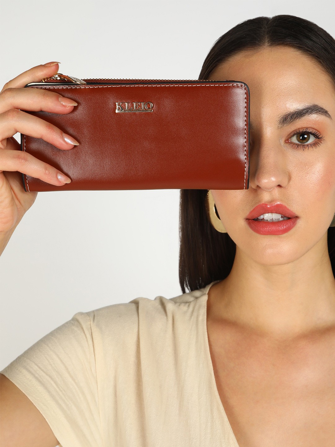 

KLEIO Women Brand Logo PU Wallet with Card Slots, Brown