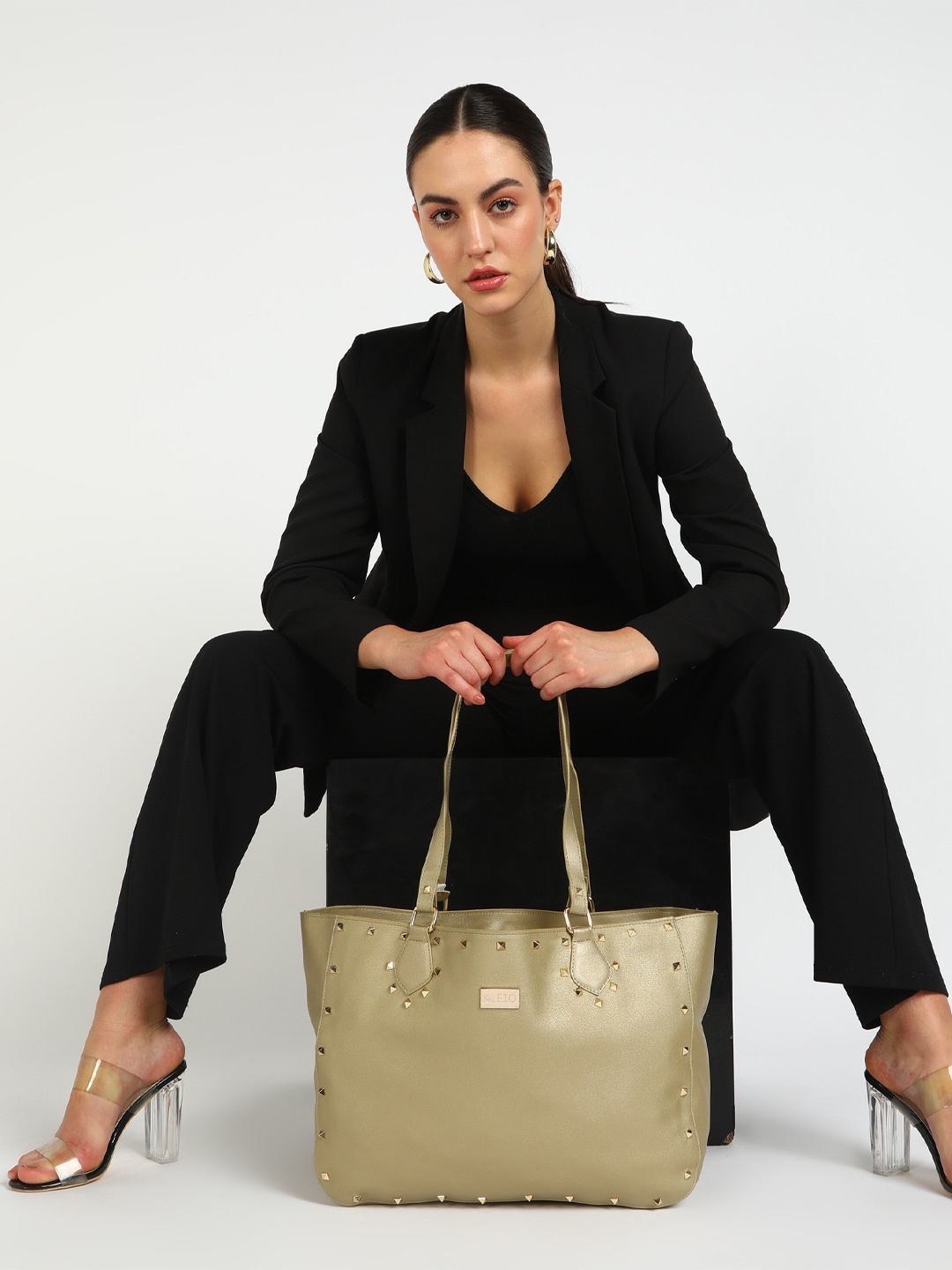 KLEIO Oversized Structured Embellished Shoulder Bag, Gold