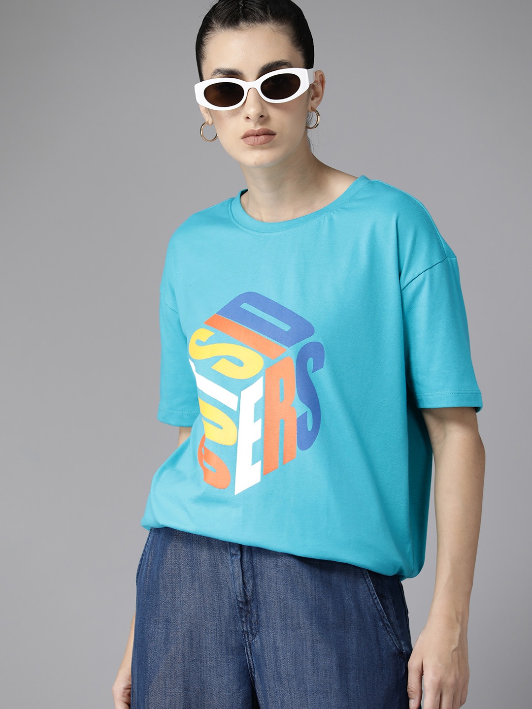 

Roadster Women Typography Printed Drop-Shoulder Sleeves T-shirt, Turquoise blue