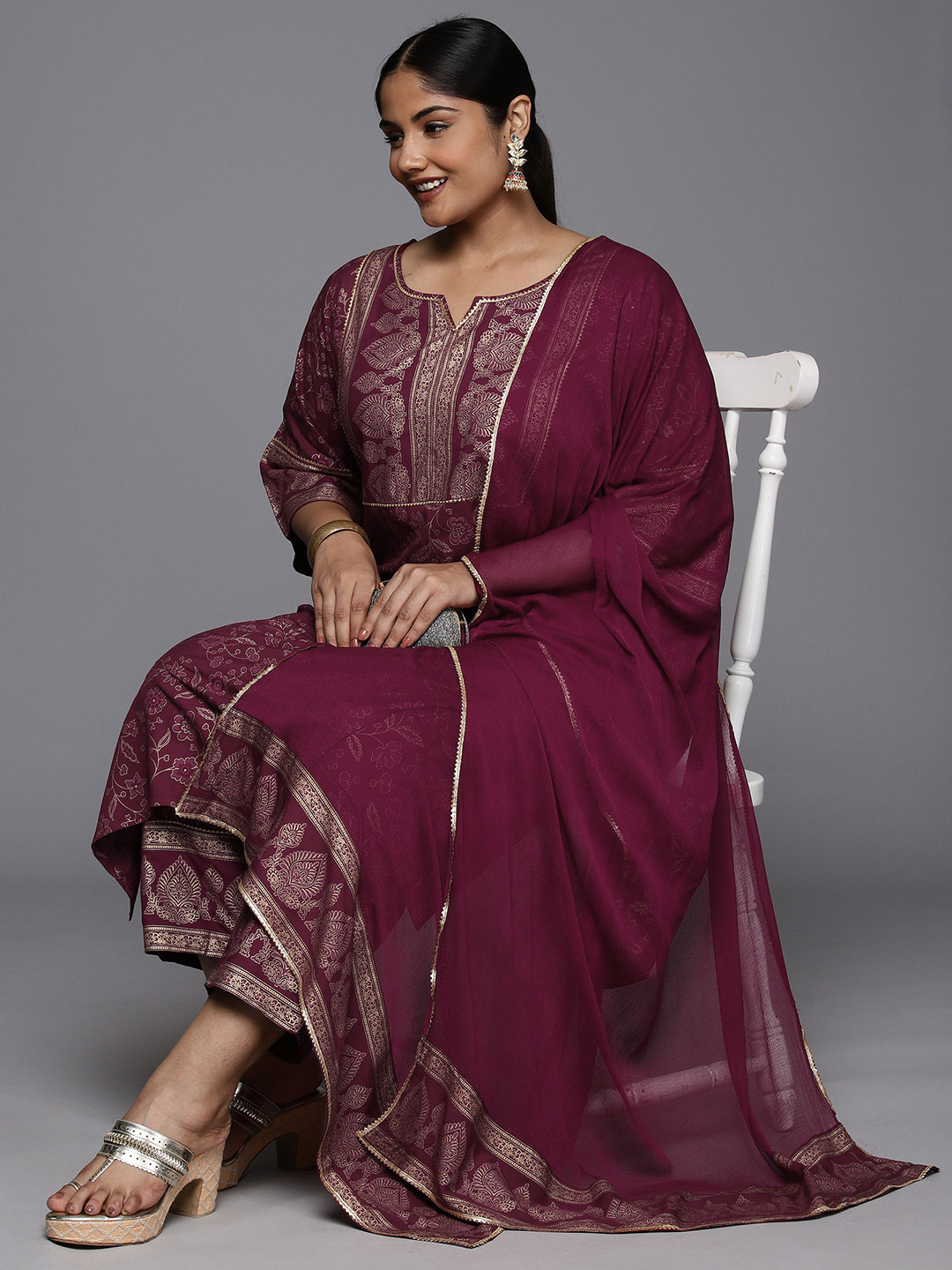 

EXTRA LOVE BY LIBAS Plus Size Ethnic Motifs Gotta Patti Kurta with Trousers & Dupatta, Maroon