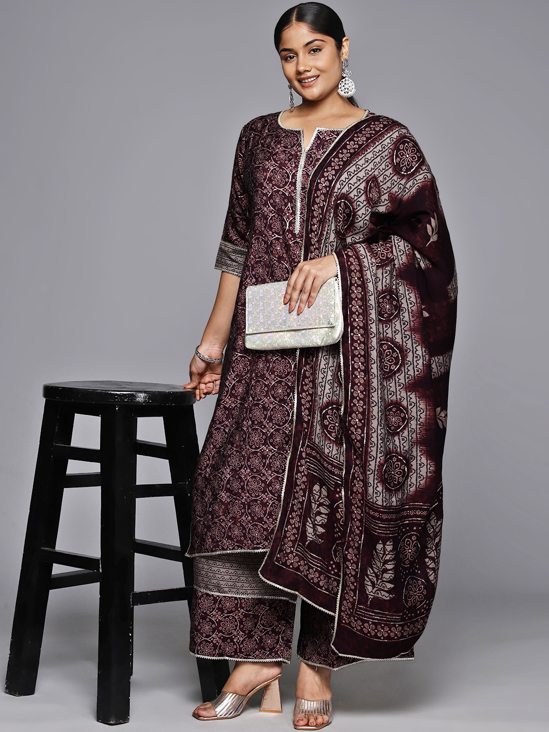 

EXTRA LOVE BY LIBAS Plus Size Floral Printed Gotta Patti Kurta with Palazzos & Dupatta, Burgundy