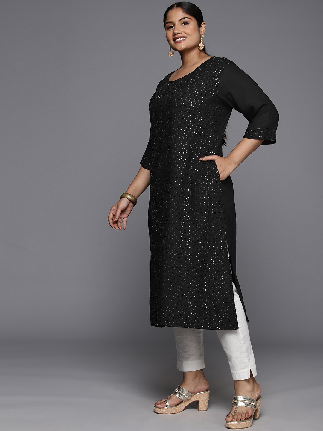 

EXTRA LOVE BY LIBAS Women Black Sequinned Kurta