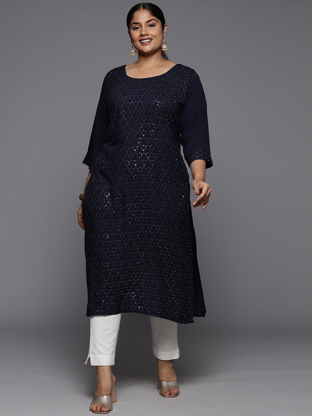 

EXTRA LOVE BY LIBAS Plus Size Women Navy Blue Sequinned Kurta