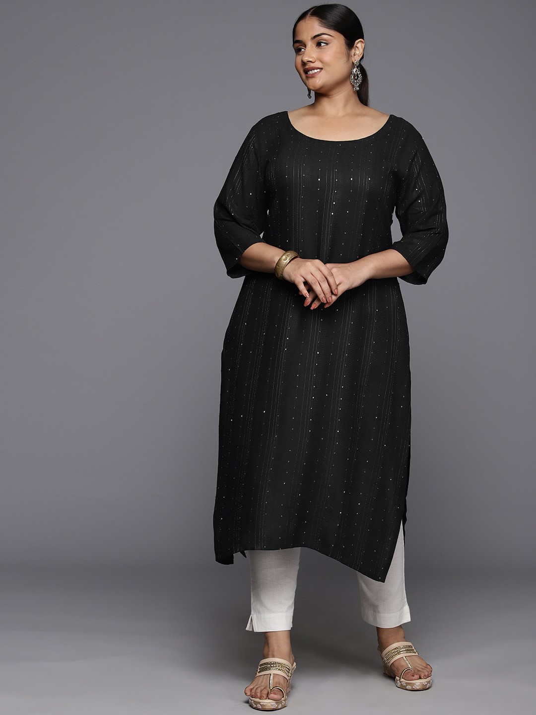 

EXTRA LOVE BY LIBAS Plus Size Women Sequinned Kurta, Charcoal