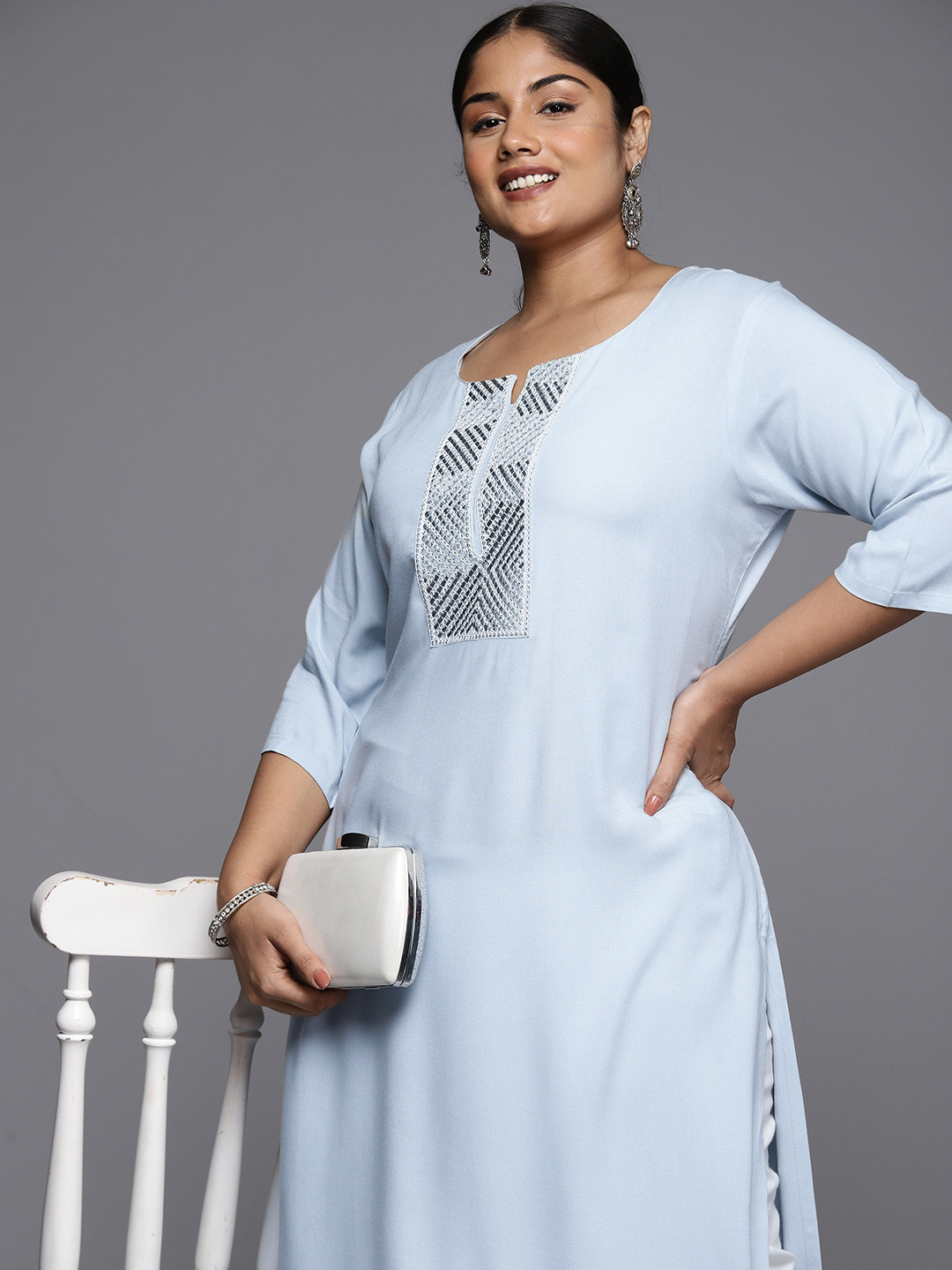 

EXTRA LOVE BY LIBAS Plus Size Women Turquoise Blue Yoke Design Sequinned Kurta