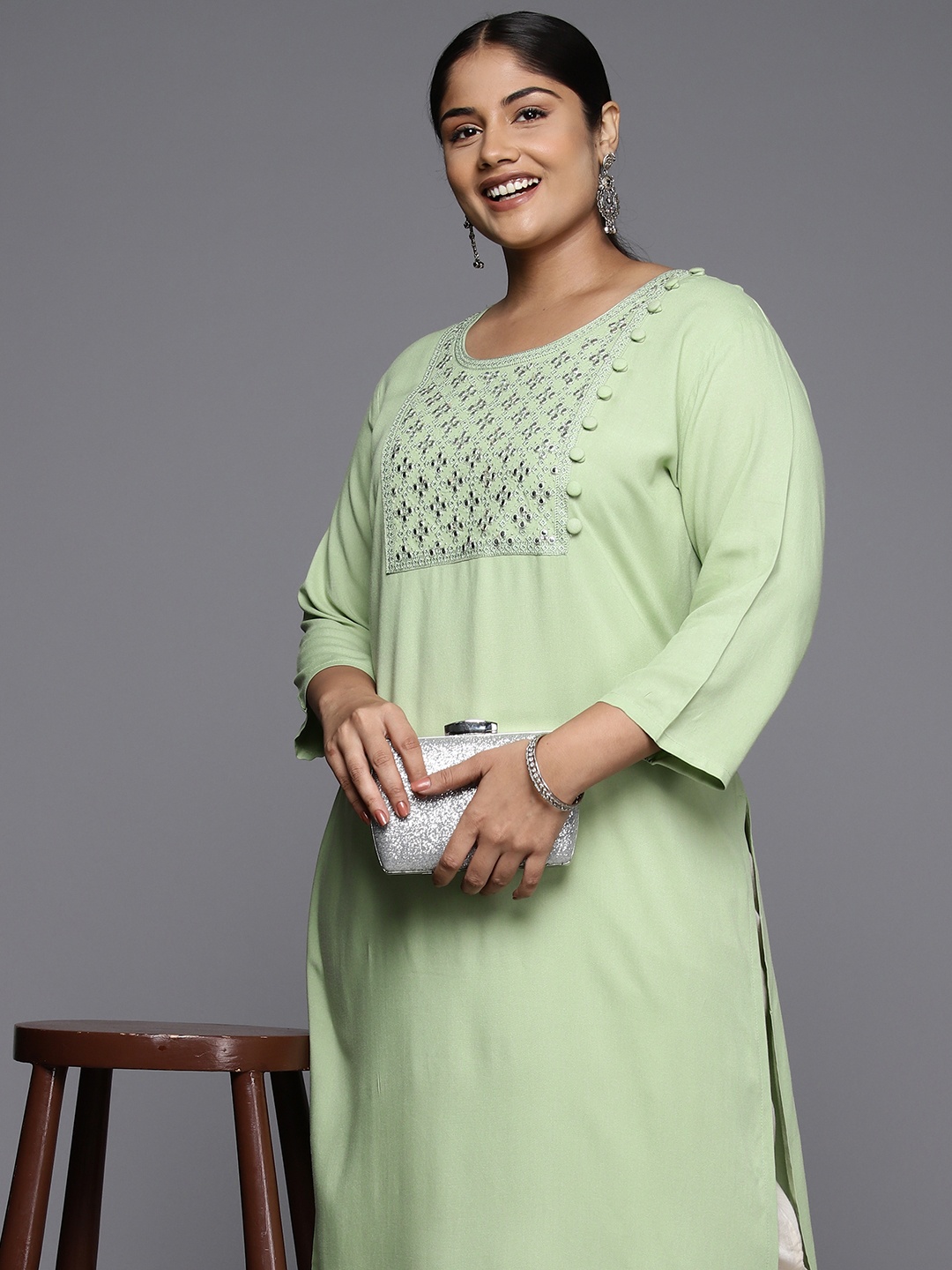 

EXTRA LOVE BY LIBAS Plus Size Yoke Design Mirror Work Kurta, Sea green