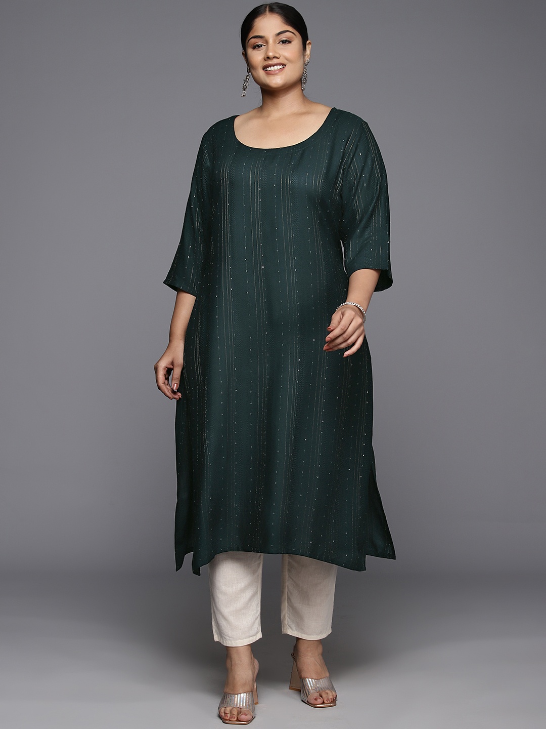 

EXTRA LOVE BY LIBAS Plus Size Embroidered Sequinned Kurta, Teal