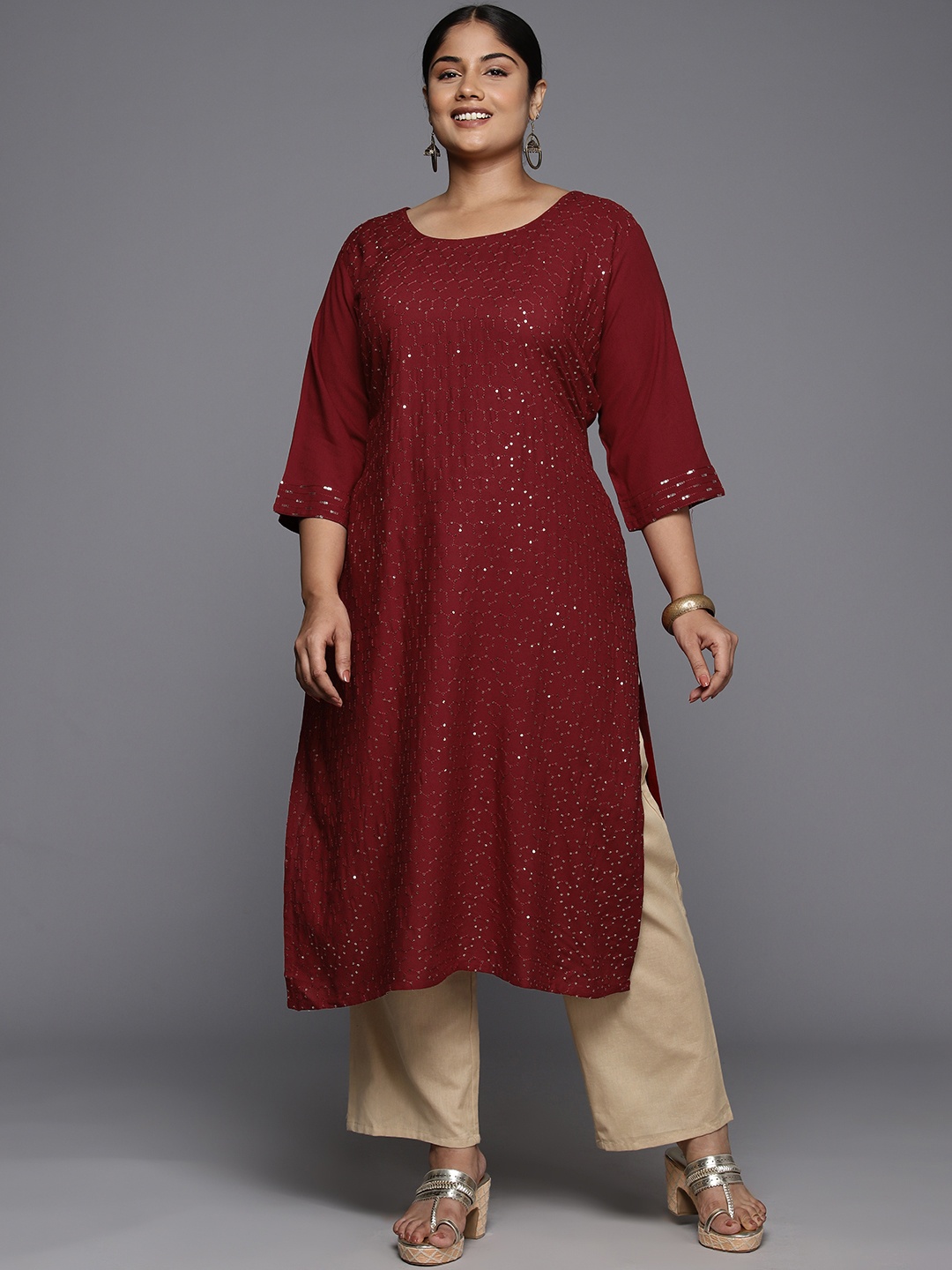

EXTRA LOVE BY LIBAS Plus Size Embellished Sequinned Kurta, Maroon