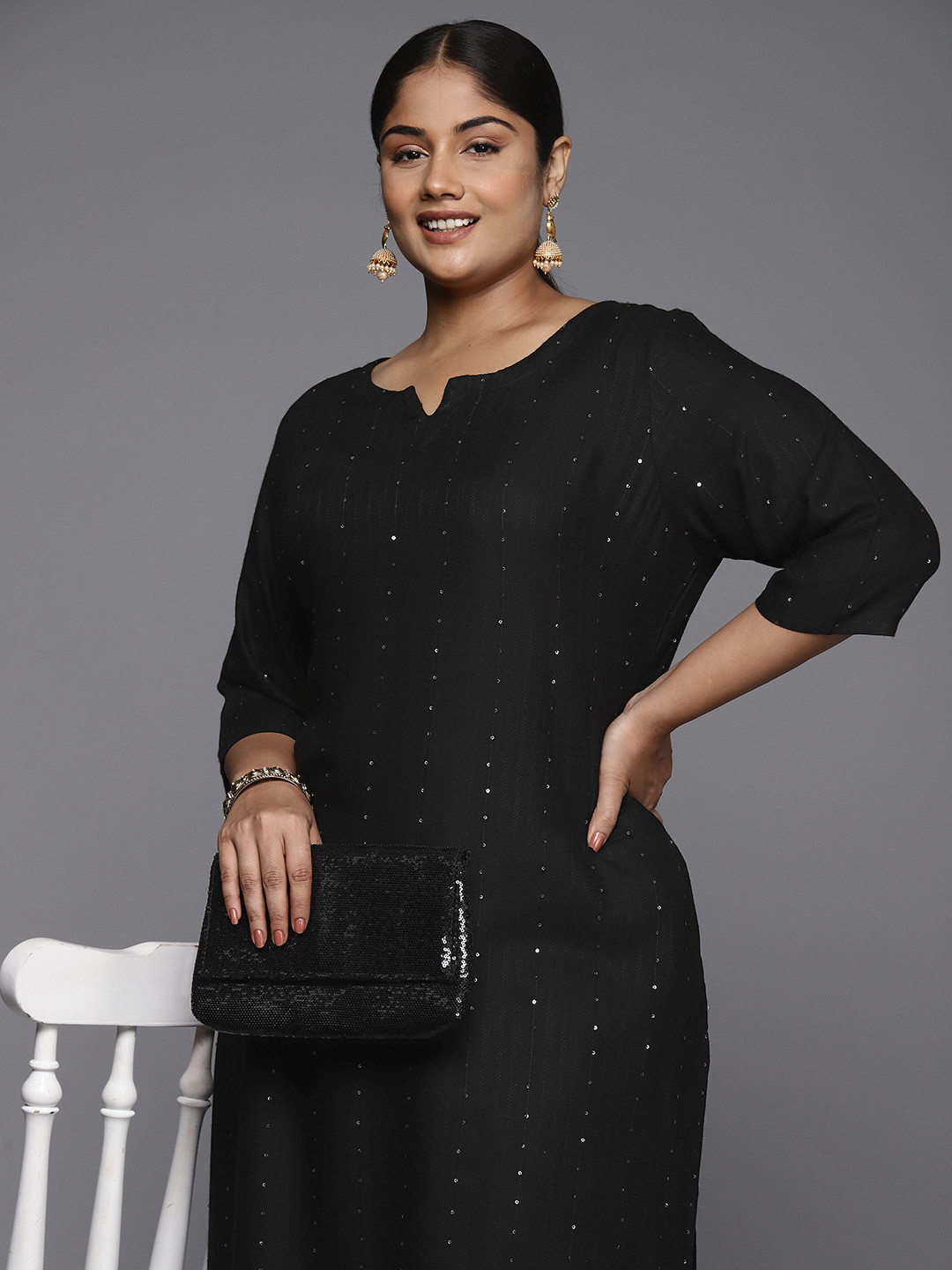 

EXTRA LOVE BY LIBAS Plus Size Embroidered Sequinned Kurta, Black