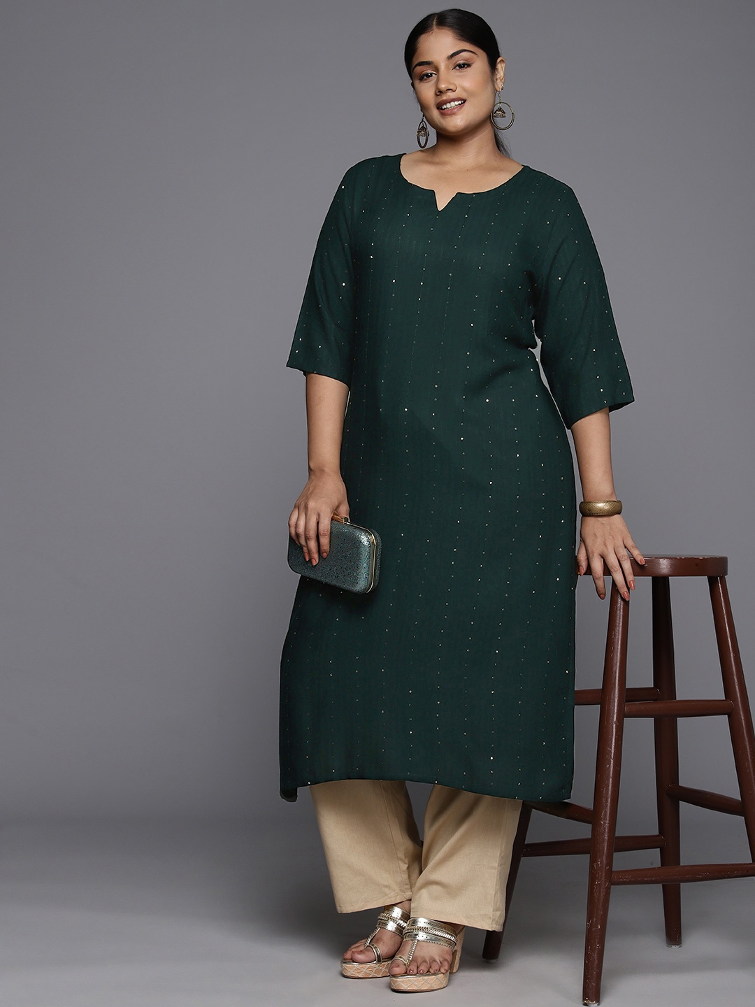 

EXTRA LOVE BY LIBAS Plus Size Embroidered Sequinned Kurta, Green