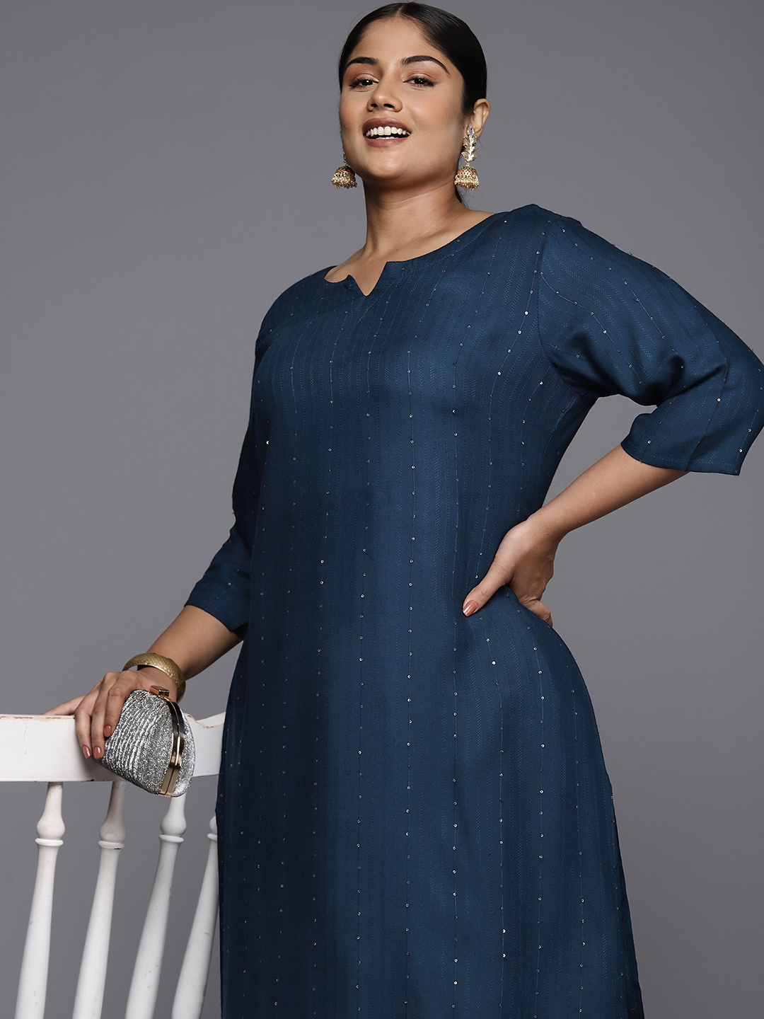 

EXTRA LOVE BY LIBAS Plus Size Embroidered Sequinned Kurta, Blue