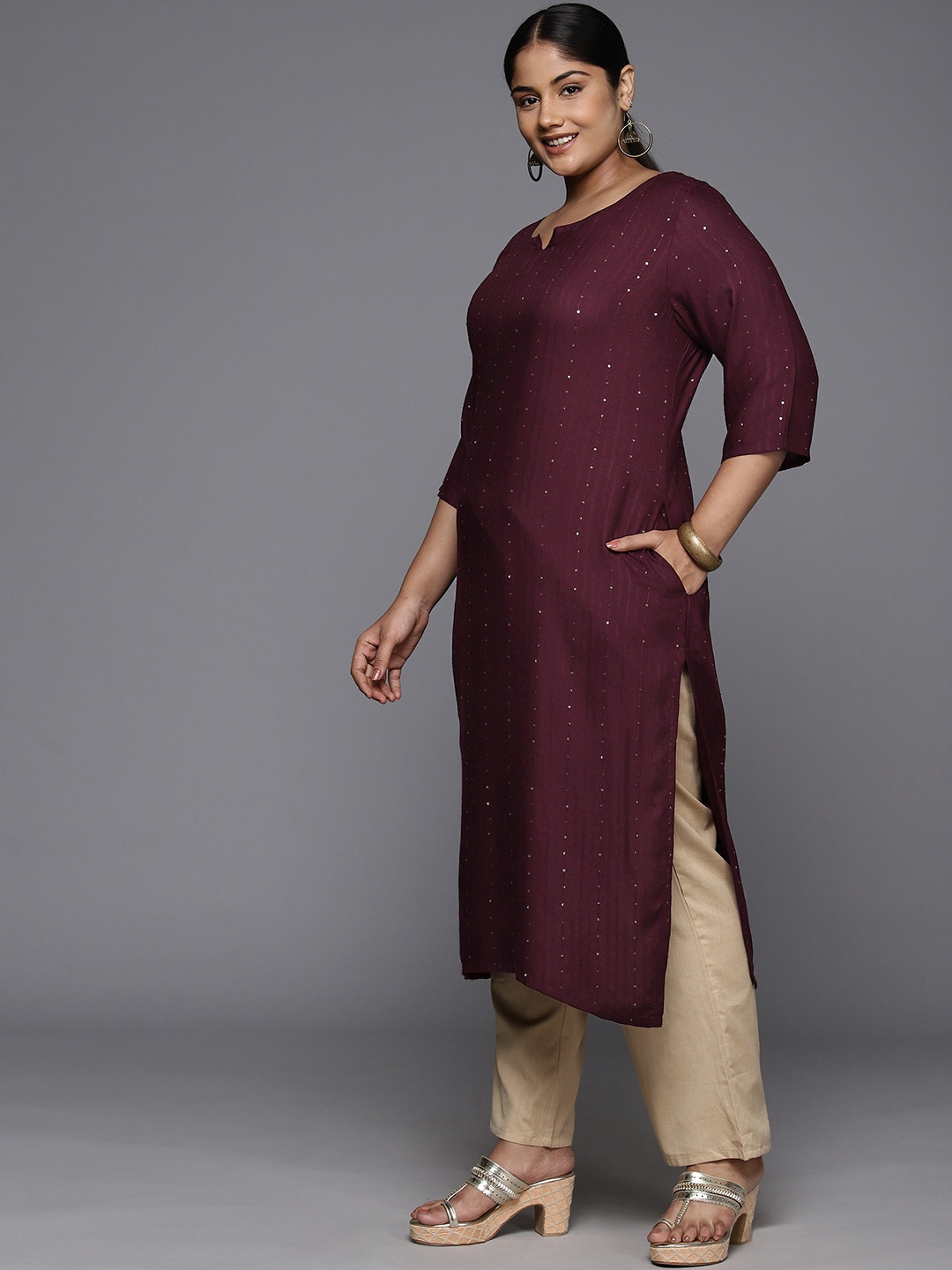 

EXTRA LOVE BY LIBAS Plus Size Embroidered Sequinned Kurta, Burgundy