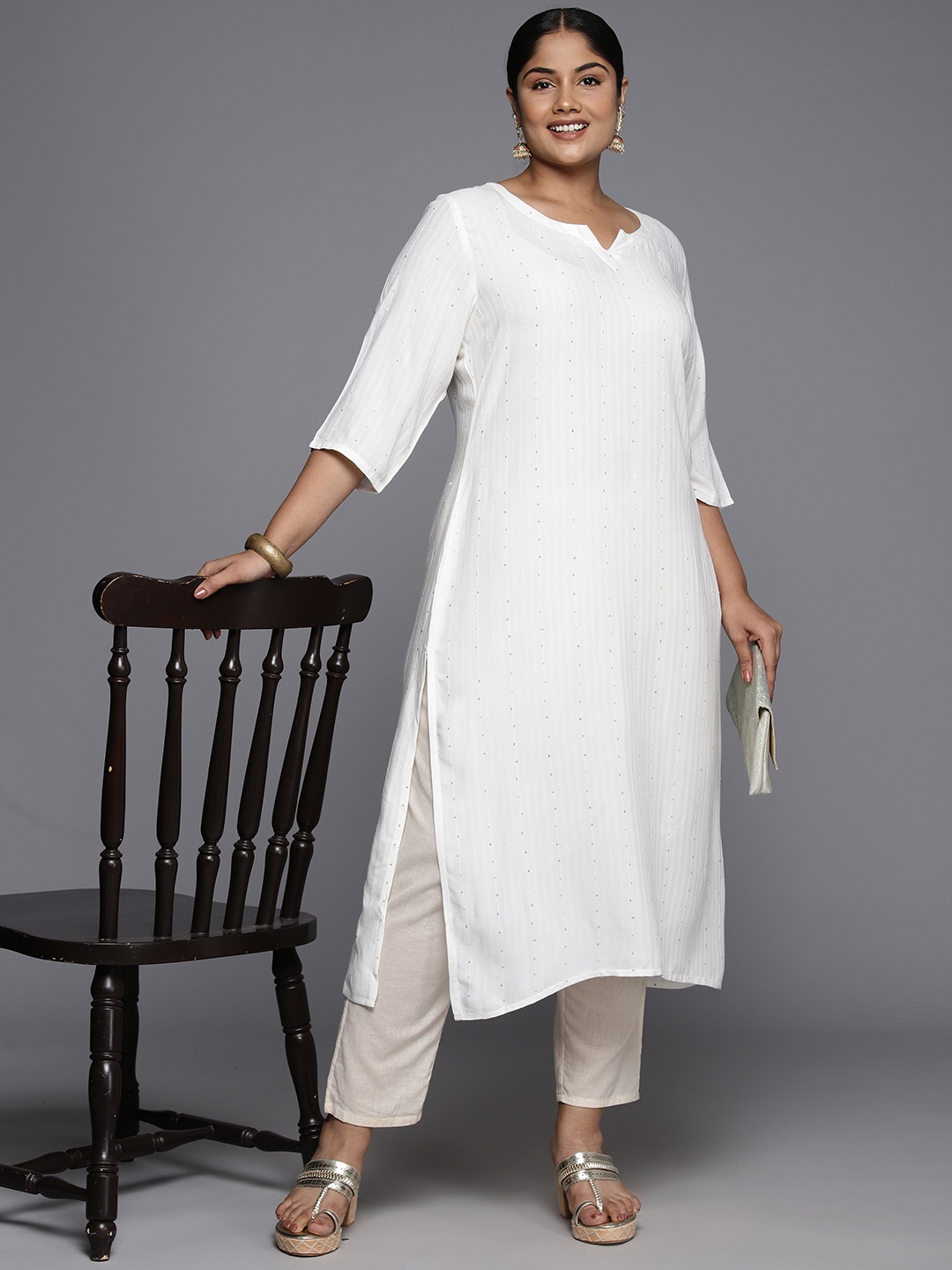 

EXTRA LOVE BY LIBAS Plus Size Embroidered Sequinned Kurta, White