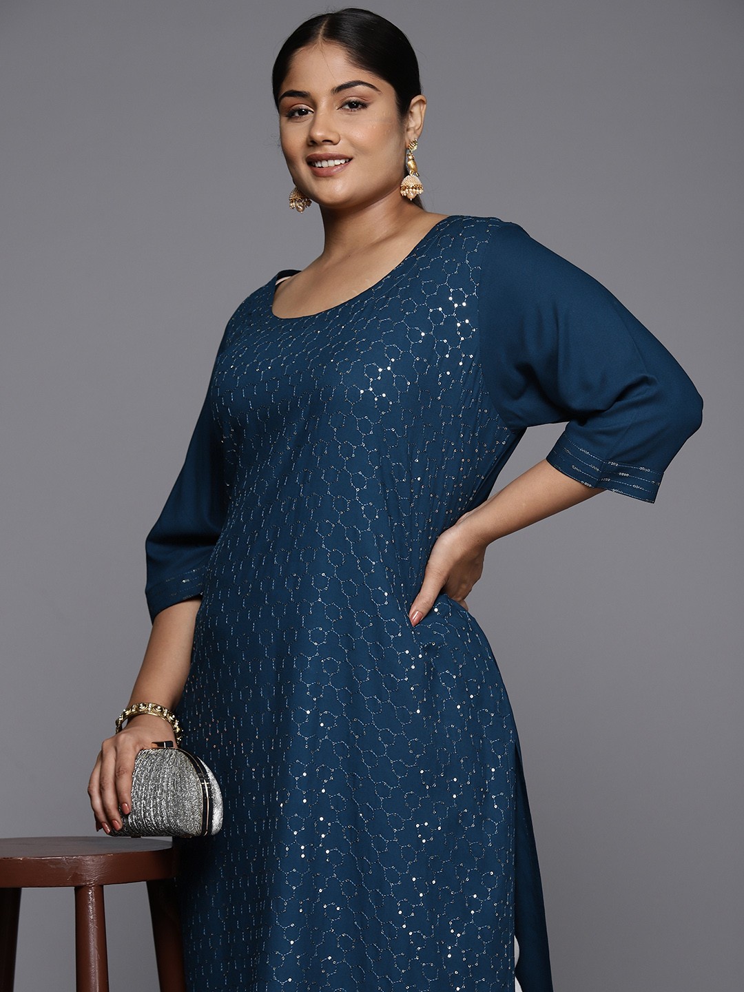 

EXTRA LOVE BY LIBAS Plus Size Embellished Sequinned Kurta, Blue