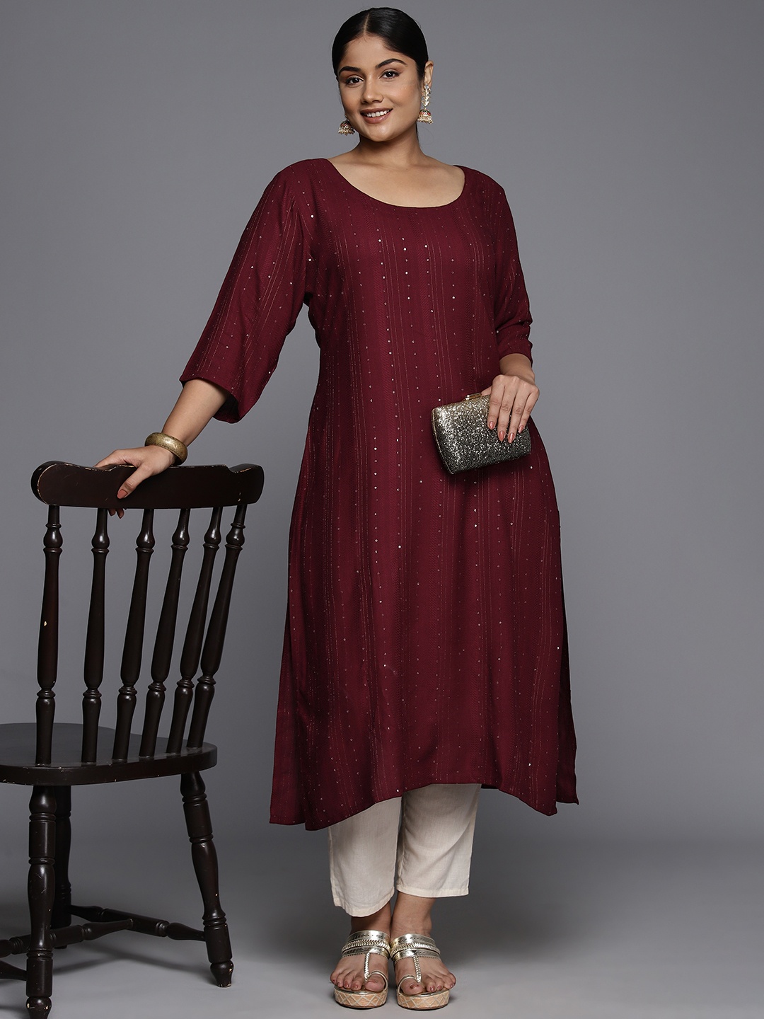 

EXTRA LOVE BY LIBAS Plus Size Embroidered Sequinned Kurta, Maroon