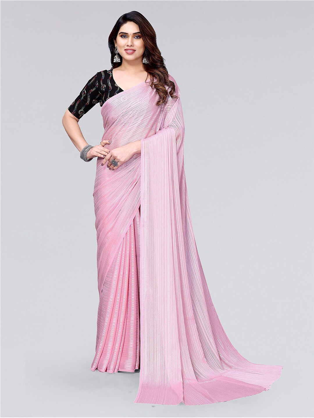 

SIRIL Striped Poly Chiffon Saree, Pink