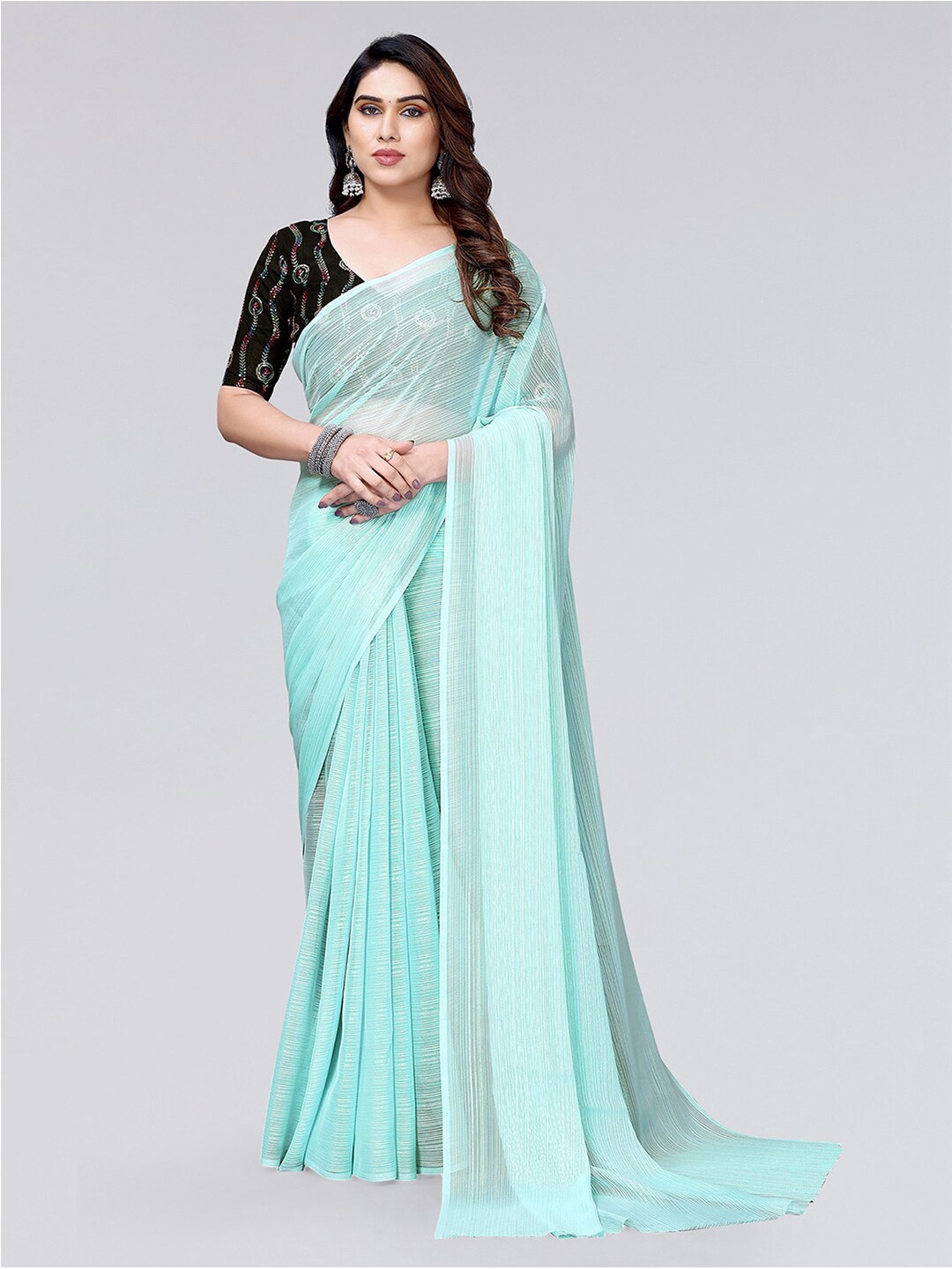 

SIRIL Striped Poly Chiffon Saree, Turquoise blue