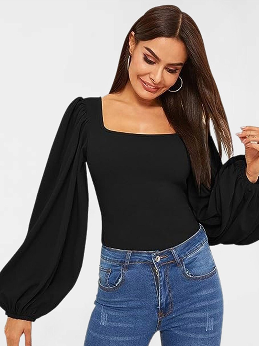 

Selvia Square Neck Puff Sleeves Top, Black