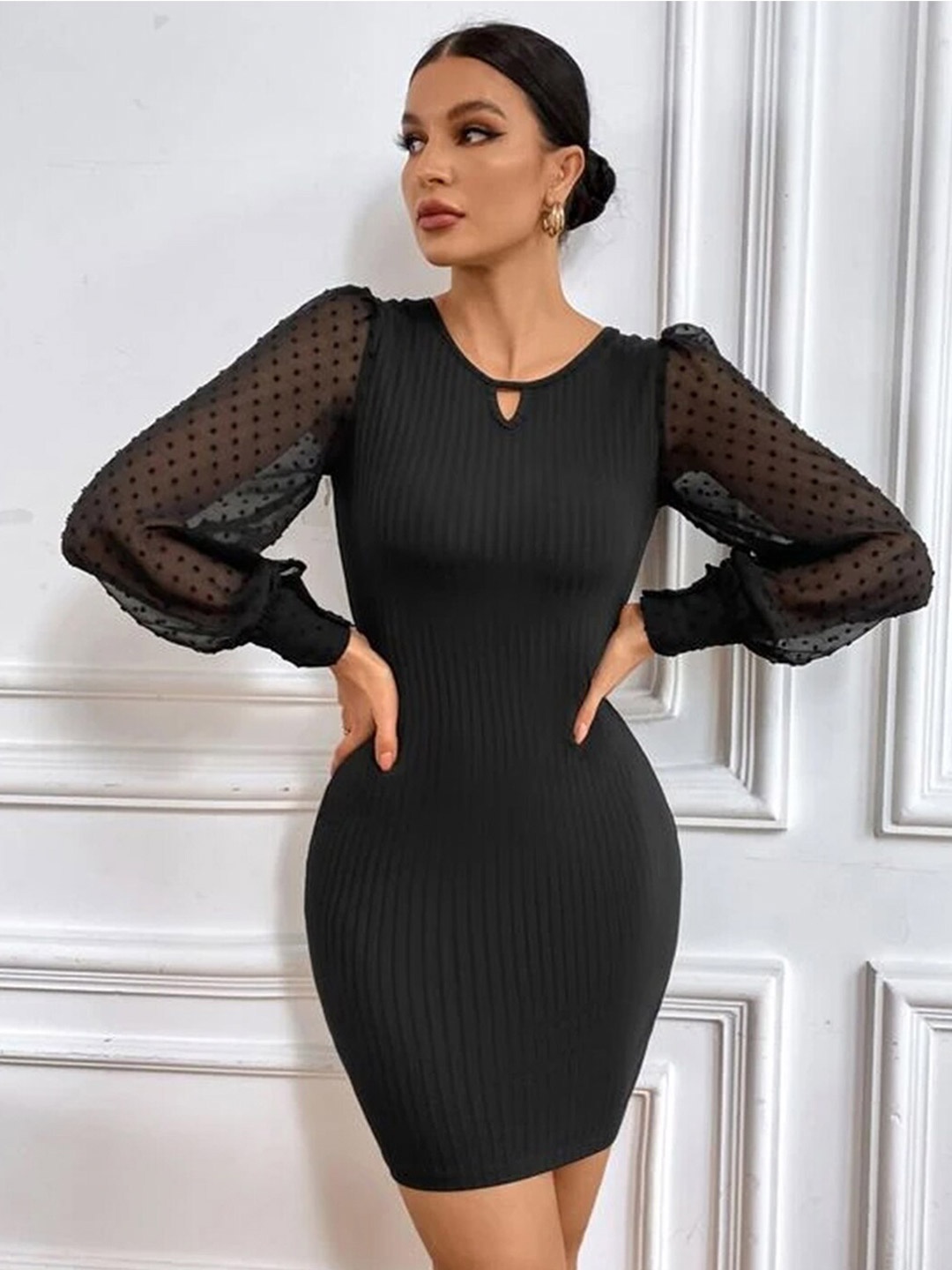 

Selvia Self Design Round Neck Cuffed Sleeve Bodycon Dress, Black