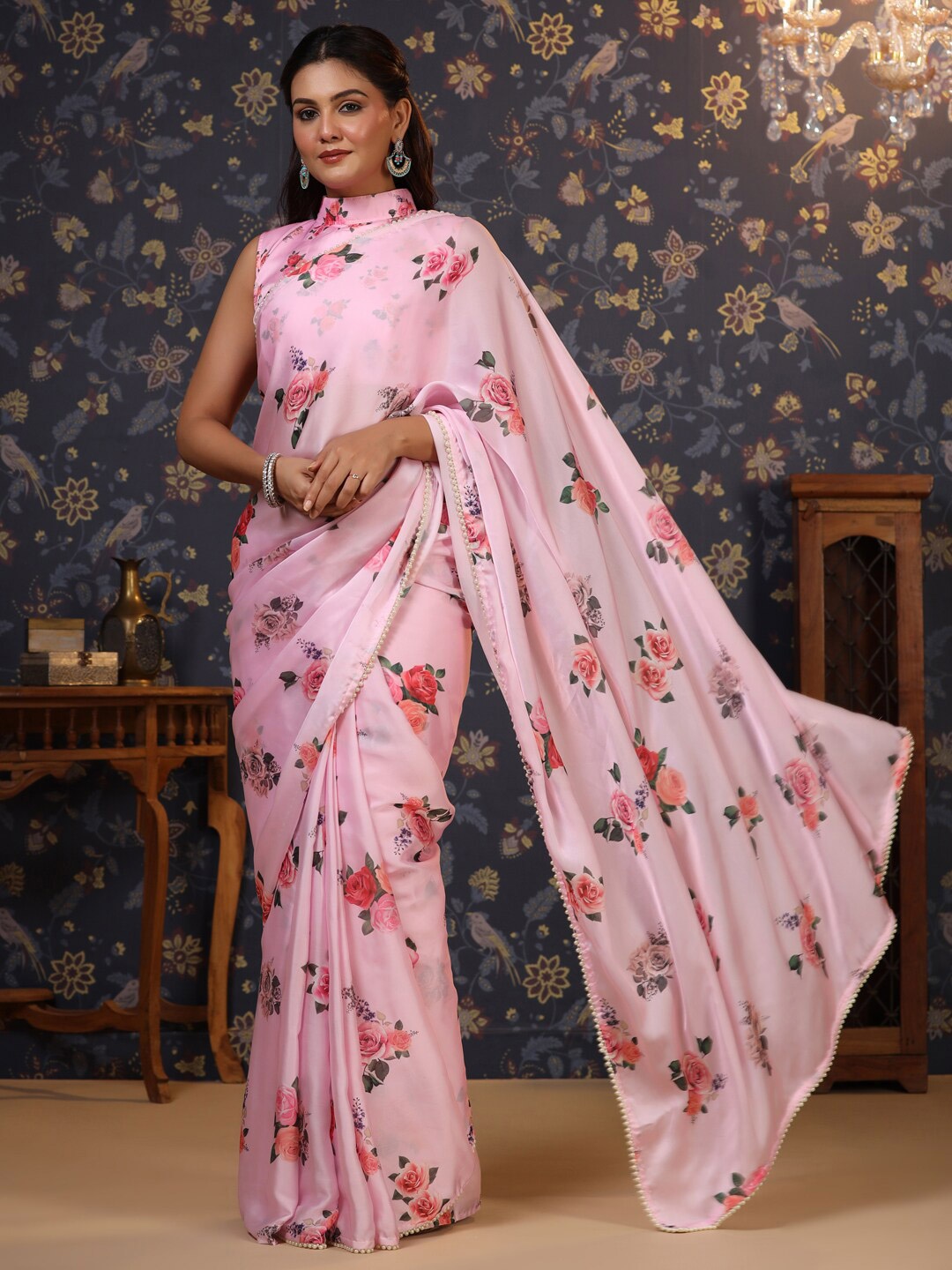 House of Pataudi Floral Printed Satin Saree, Rose
