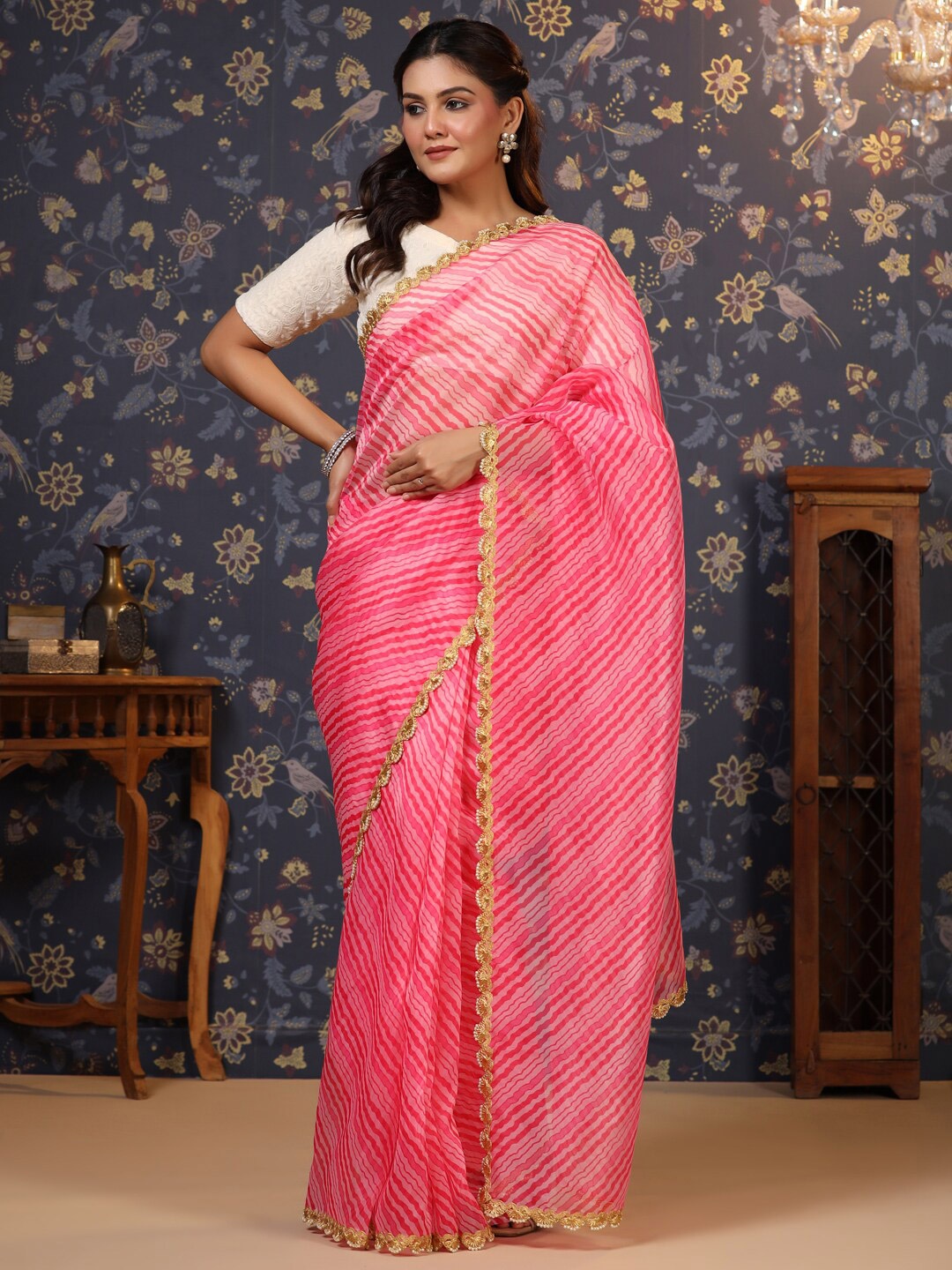 House of Pataudi Lehriya Printed Embellished Organza Saree, Pink
