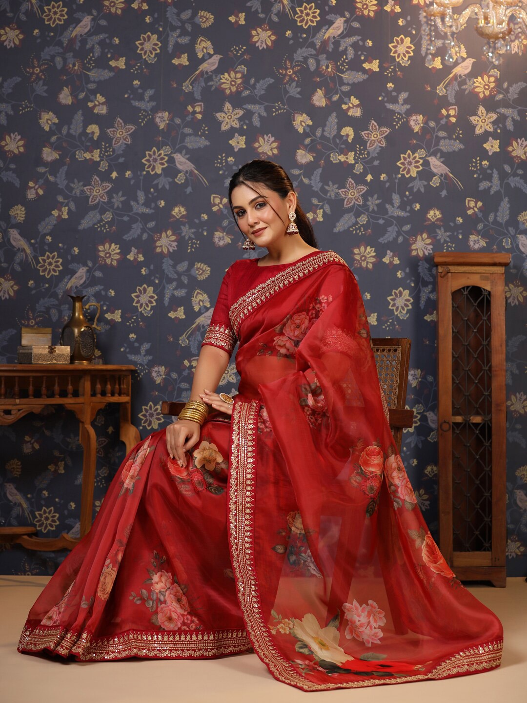 

House of Pataudi Embroidered Organza Saree, Maroon
