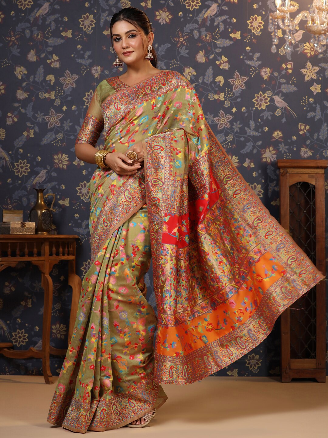 House of Pataudi Embellished Paisley Woven Design Zari Saree, Lime green
