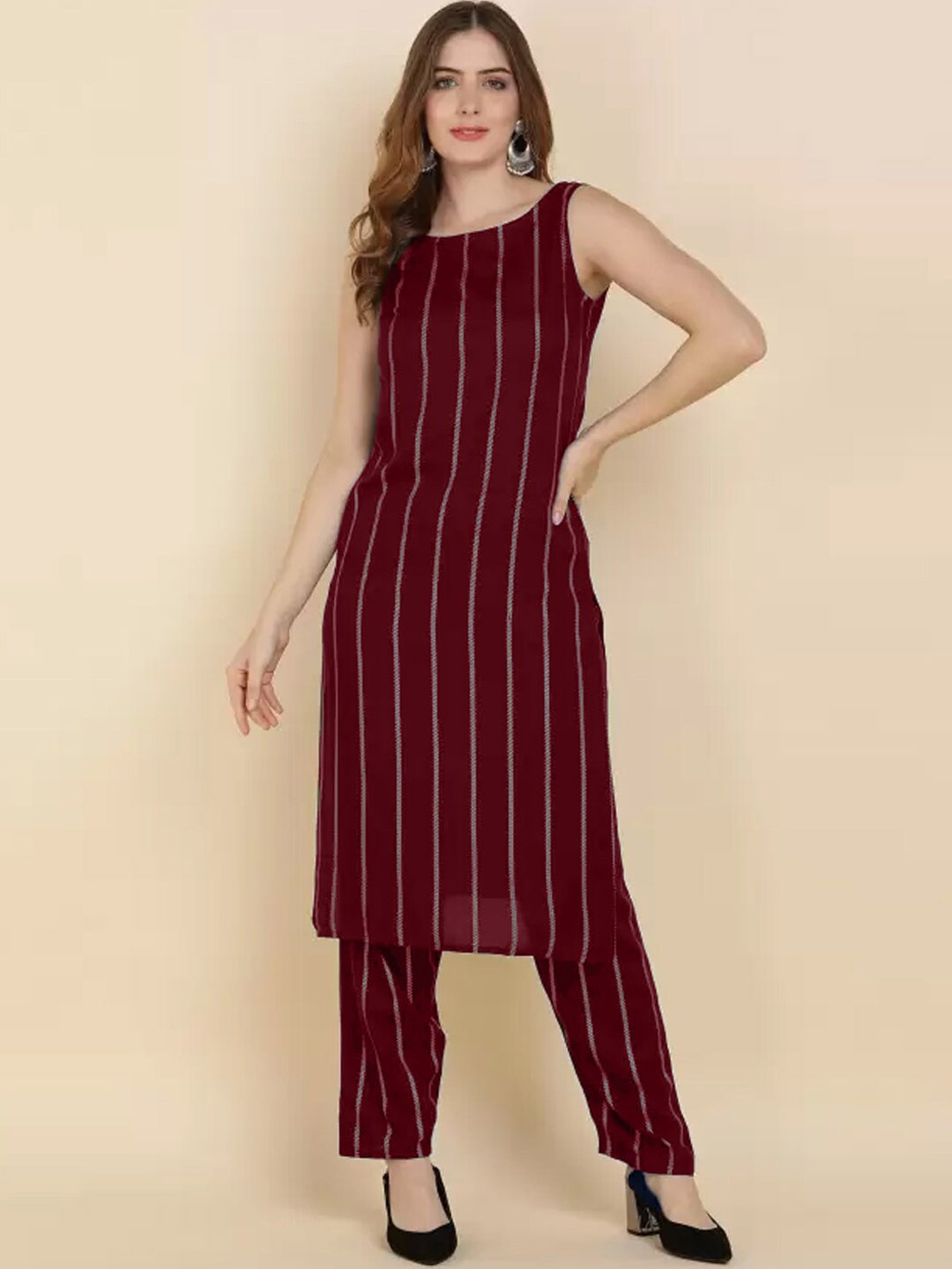 

pinfit Striped Regular Kurta With Palazzos, Maroon