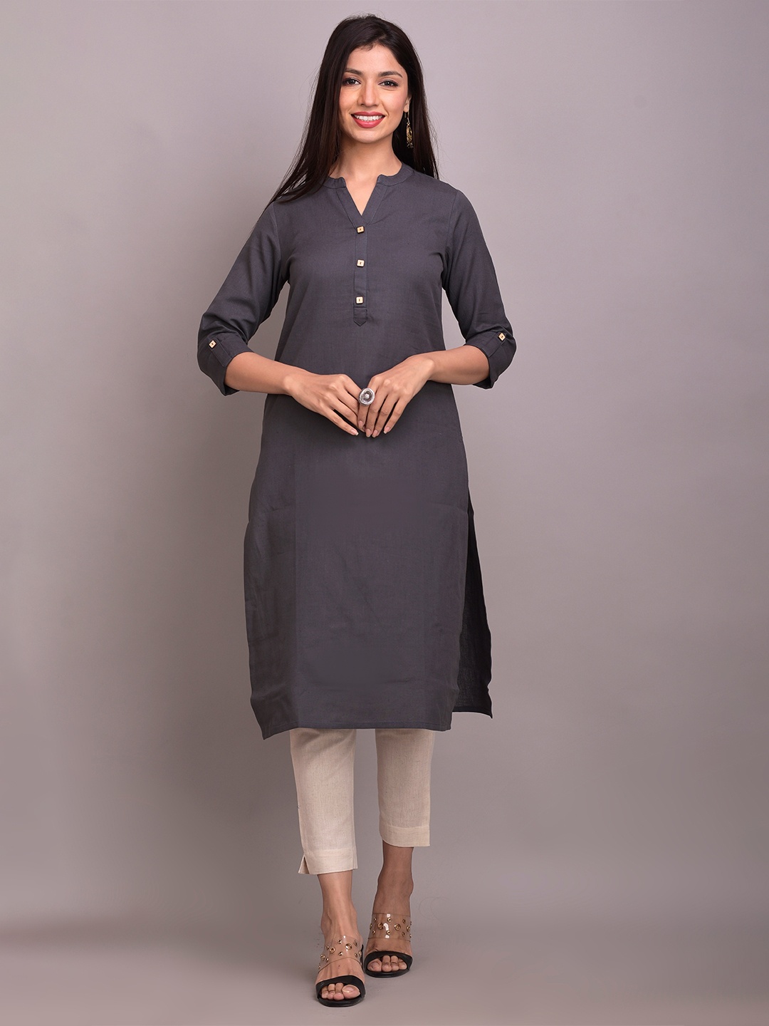 

pinfit Mandarin Collar Roll-Up Sleeves Straight Kurta, Grey
