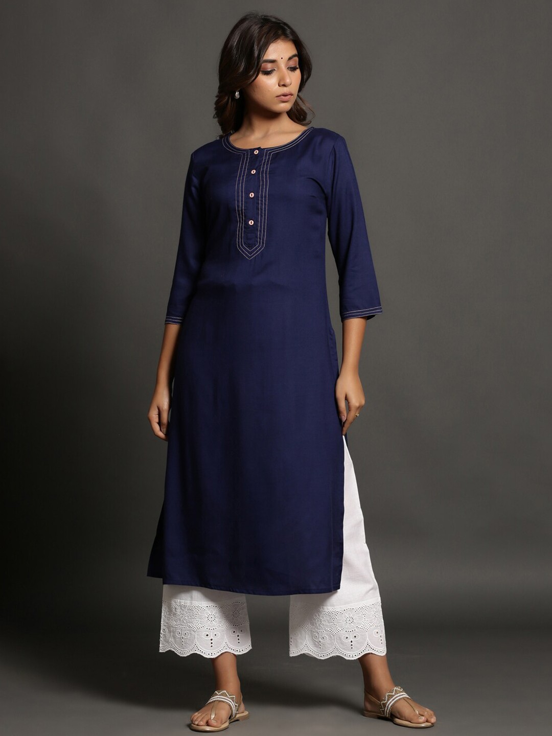 

pinfit Round Neck Straight Kurta, Navy blue