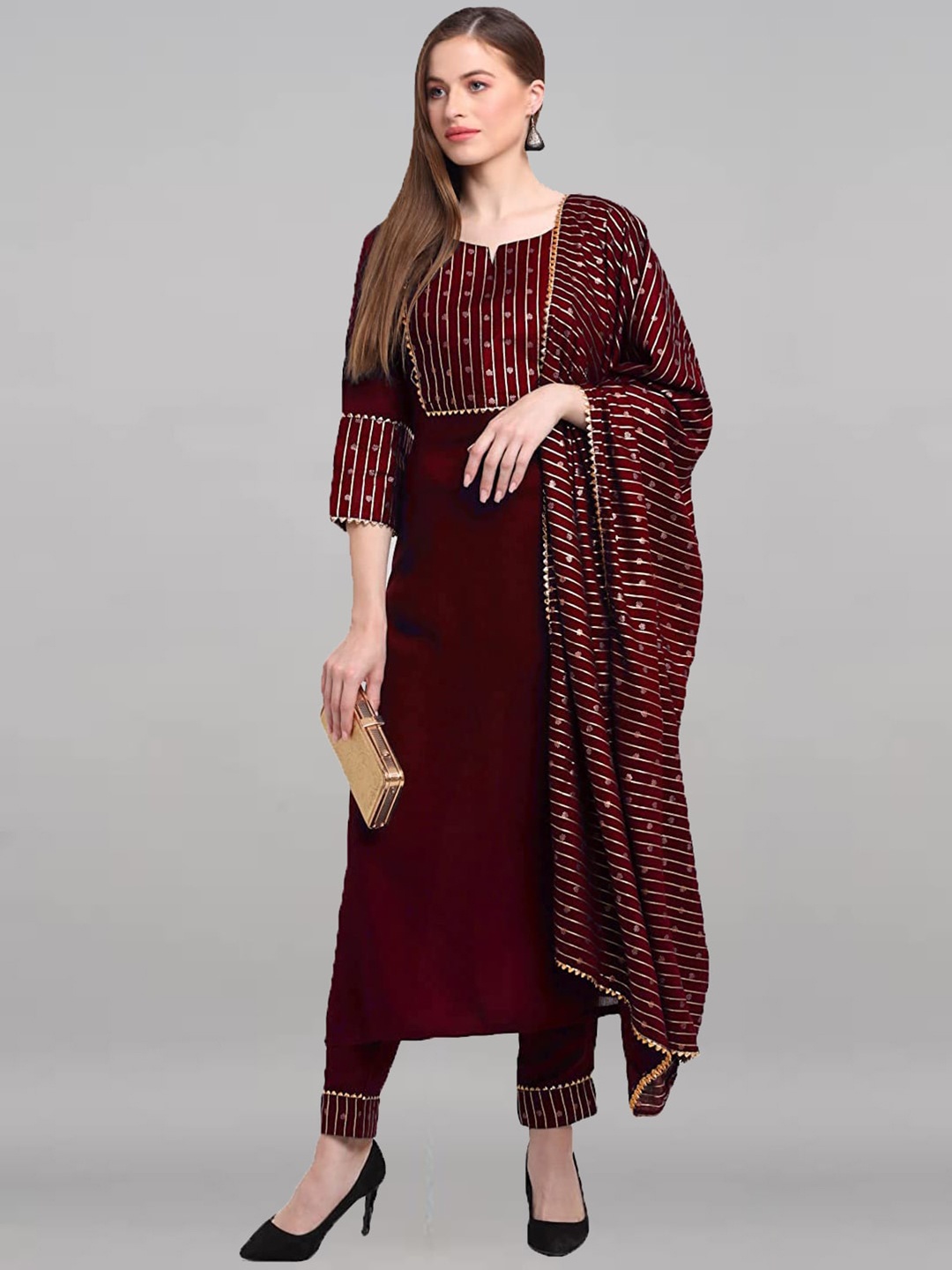 

pinfit Ethnic Yoke Design Gotta Patti Kurta with Trousers & Dupatta, Maroon