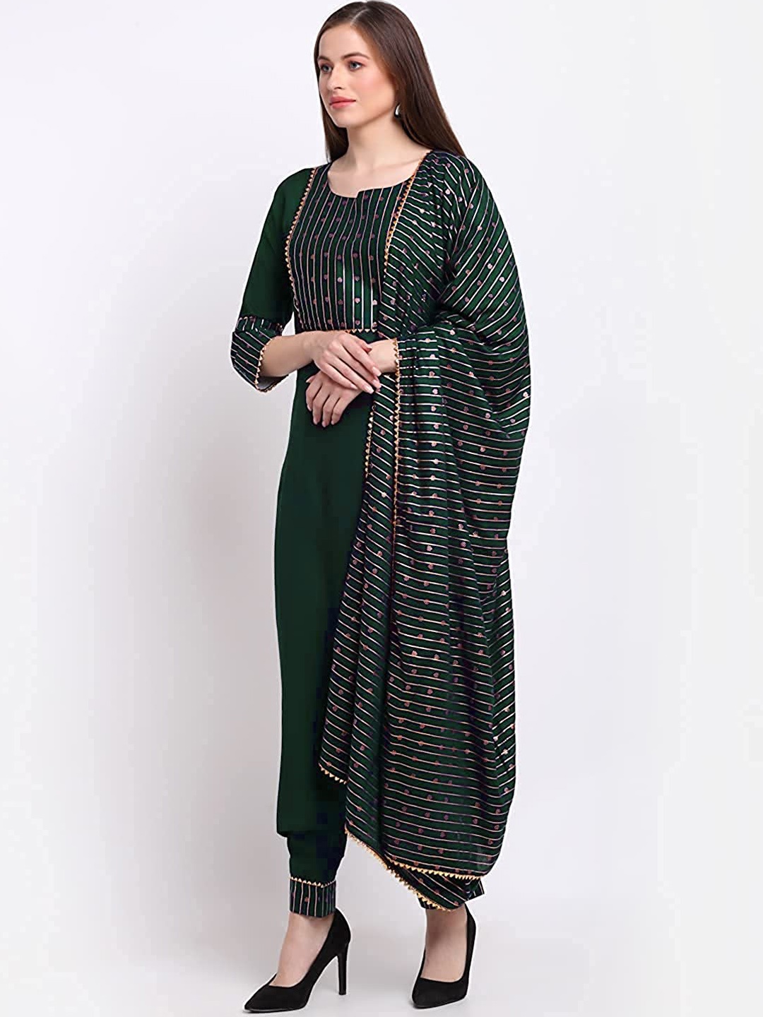 pinfit Yoke Design Regular Gotta Patti Kurta With Trousers & Dupatta, Green