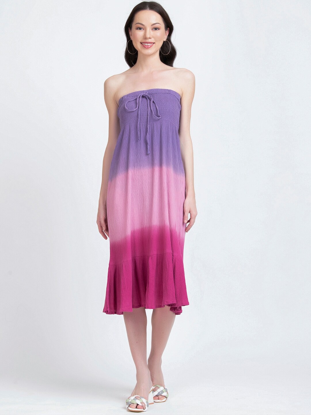 

urSense Colourblocked Strapless Sleeveless Tie-Ups Chiffon A-Line Midi Dress, Pink