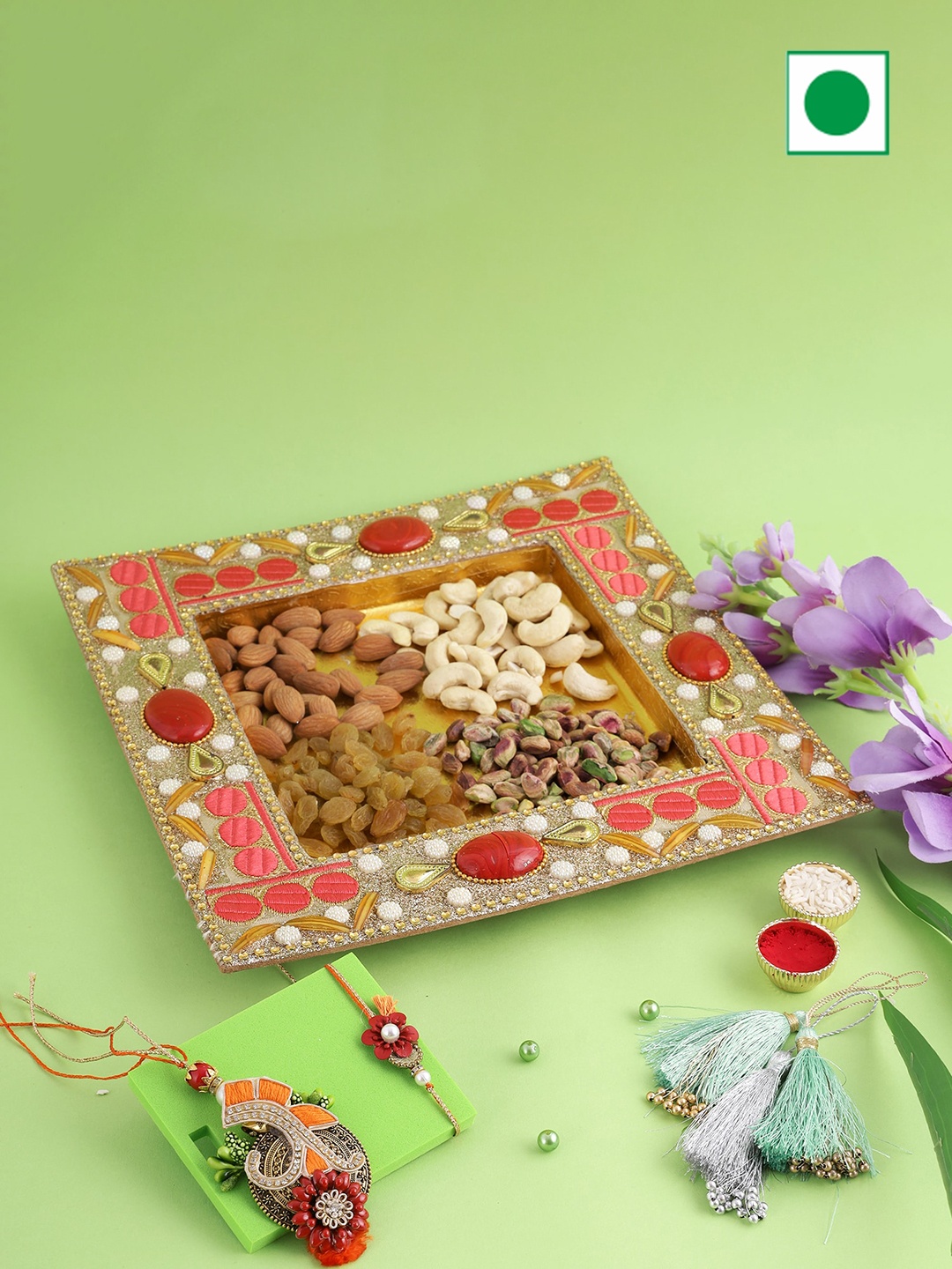 

Aapno Rajasthan Wooden Tray And Dryfruit With Rakhi 400gms, Rose gold