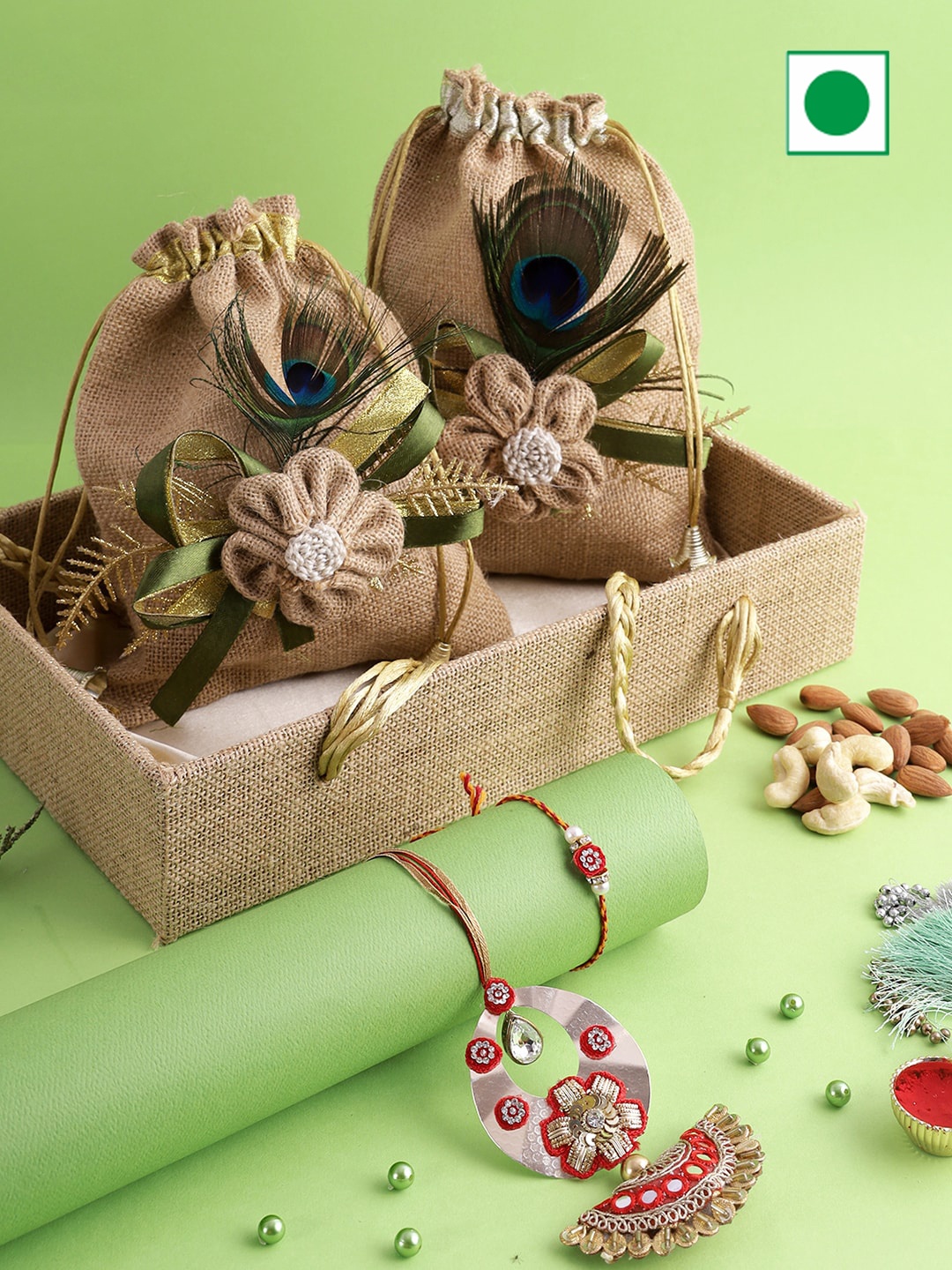 

Aapno Rajasthan Tray with 2 Dryfruit Pouches With 2 Rakhi, Yellow